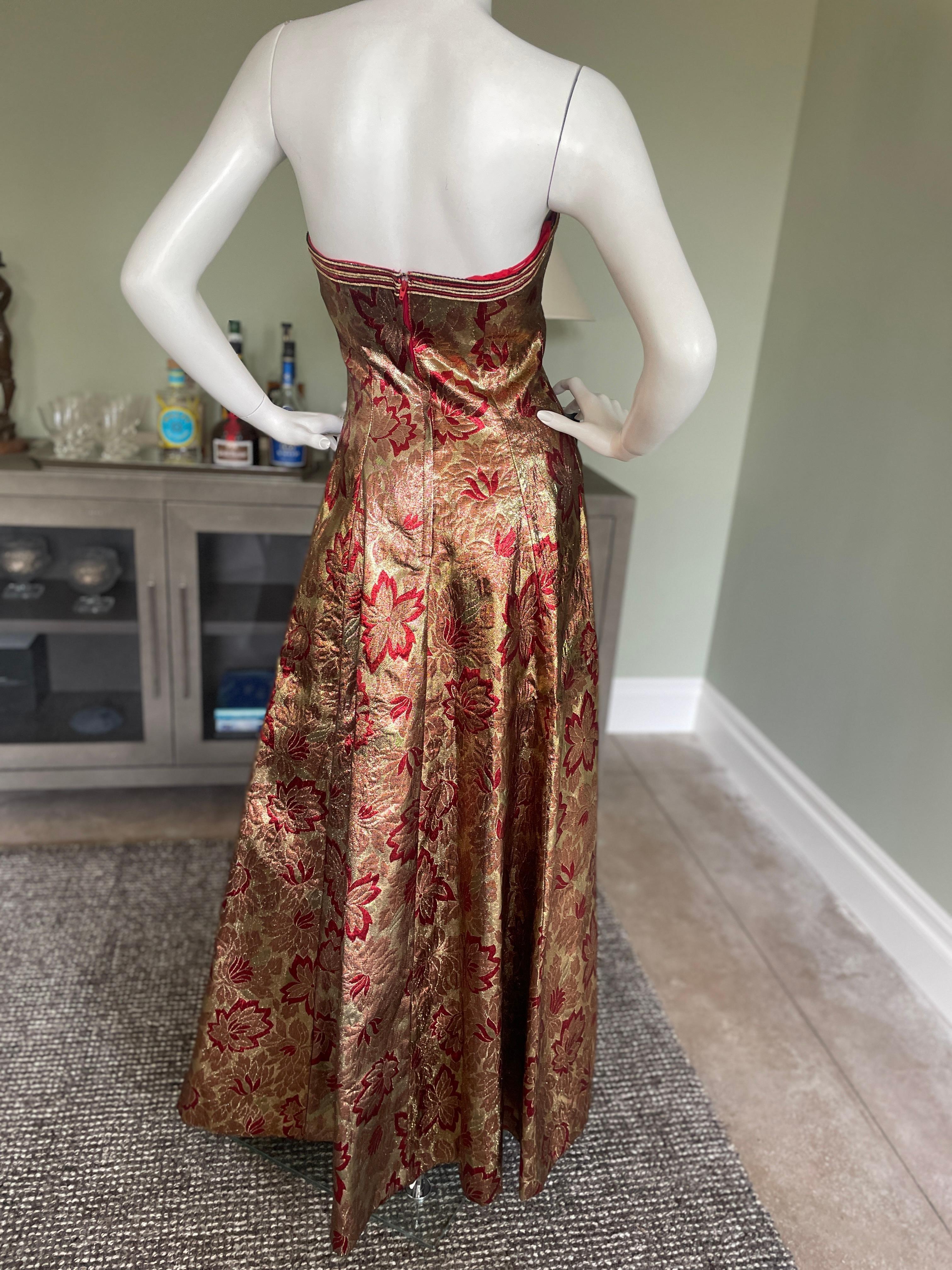 Victor Costa 1980's Gold and Red Metallic Strapless Holiday Evening Dress For Sale 4