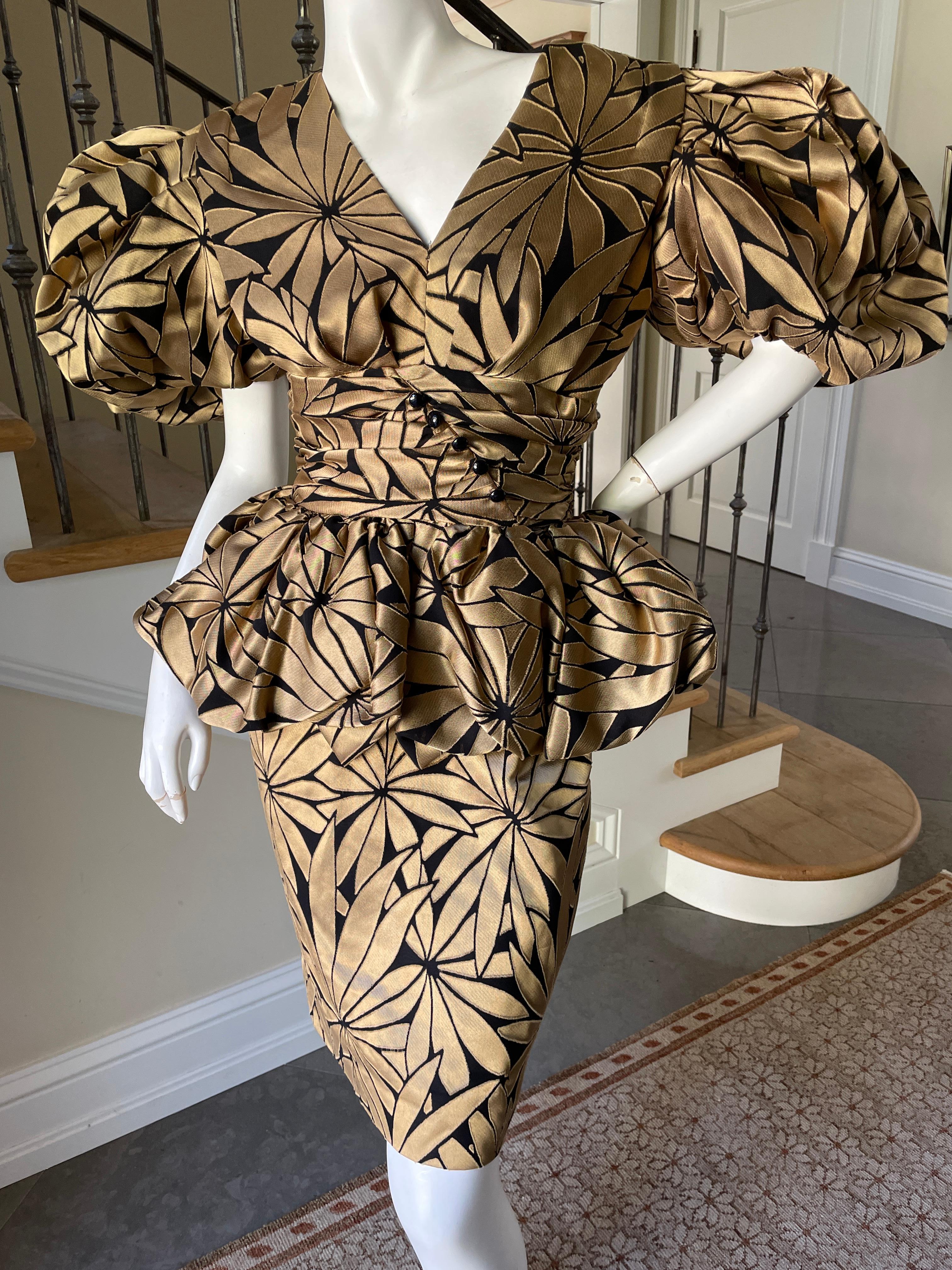 Victor Costa 1980's Gold Floral Peplum Evening Dress w Exaggerated Pouf Sleeves
This is so festive and fun.
No size tag, I would estimate it size 6
Bust 32