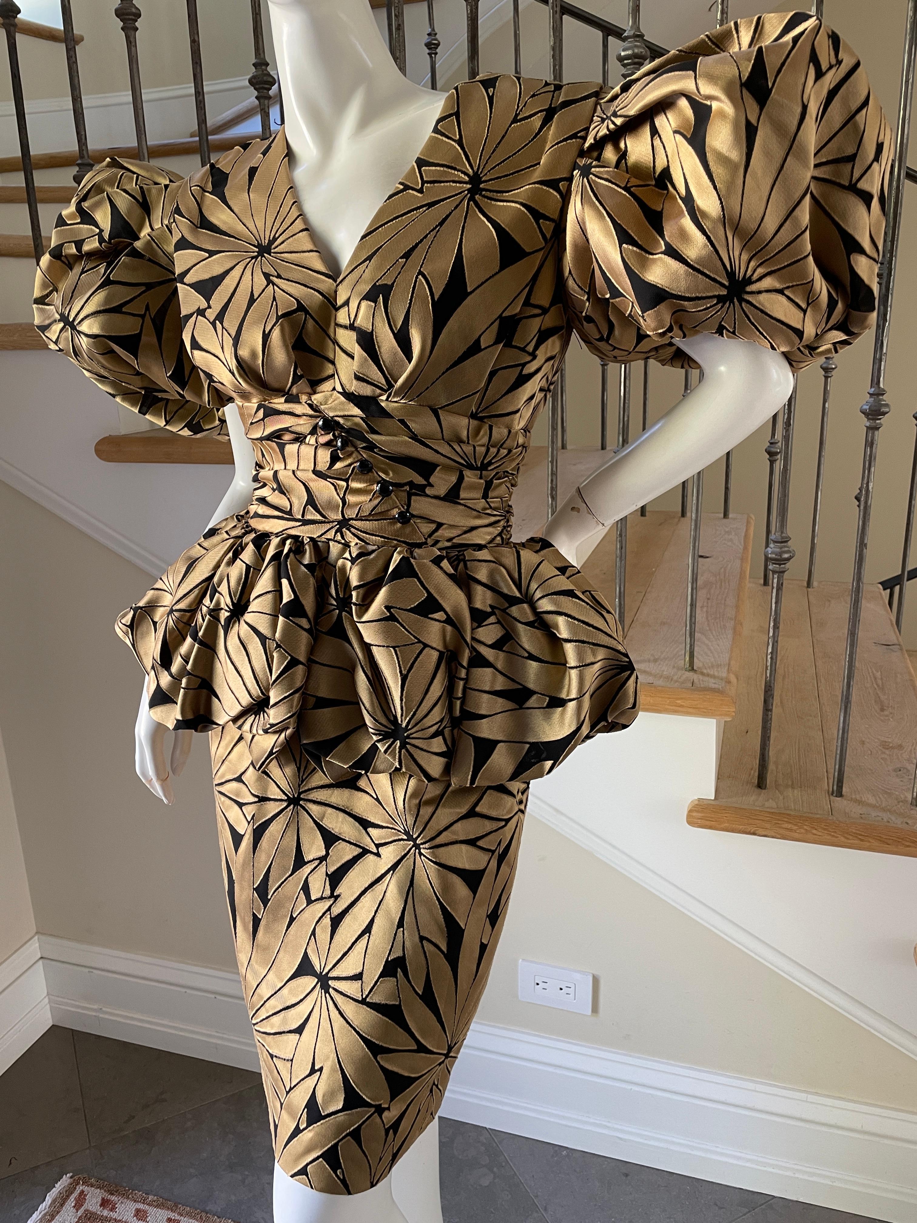 Victor Costa 1980's Gold Floral Peplum Evening Dress w Exaggerated Pouf Sleeves In Excellent Condition For Sale In Cloverdale, CA