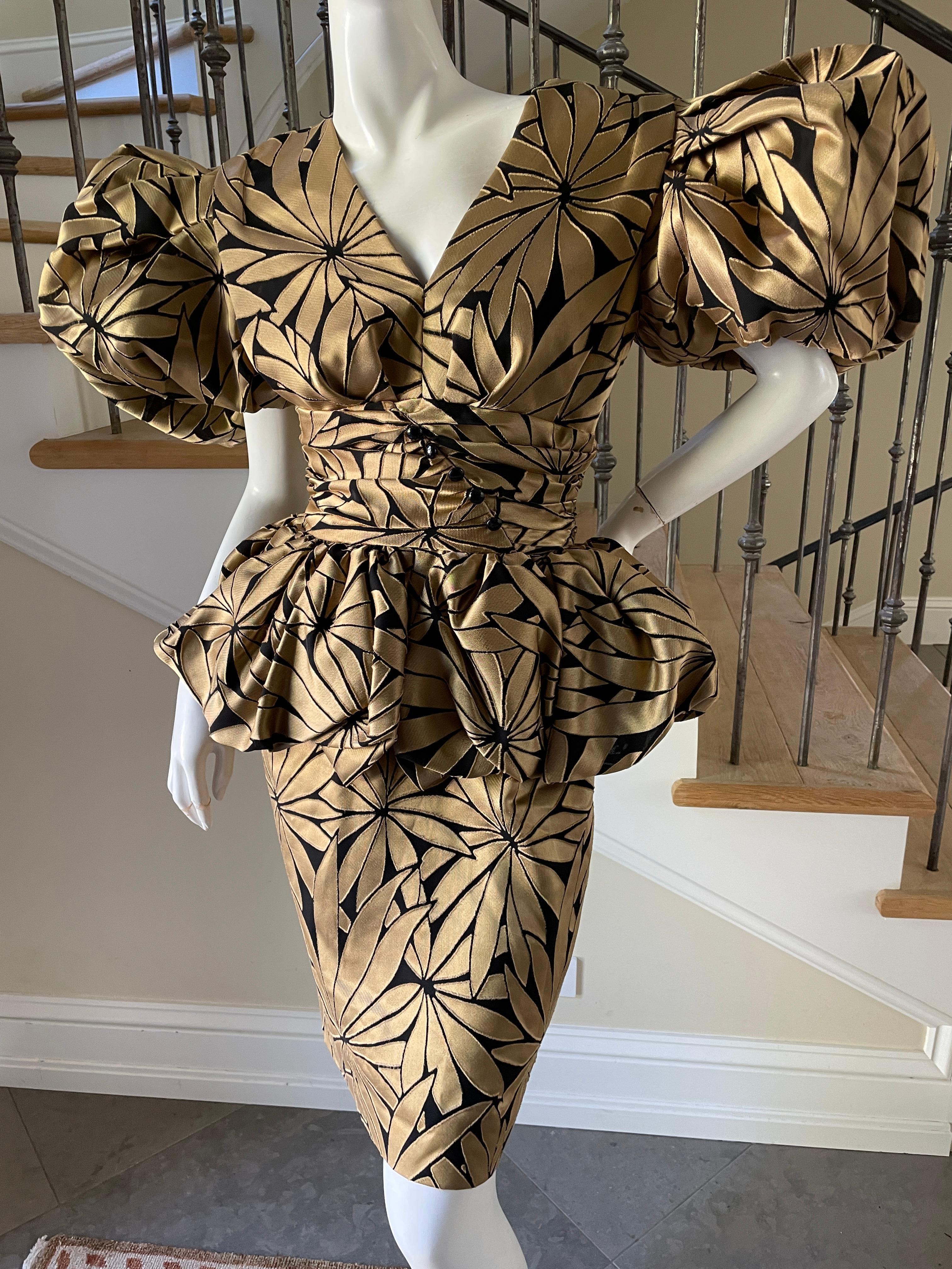 Women's Victor Costa 1980's Gold Floral Peplum Evening Dress w Exaggerated Pouf Sleeves For Sale