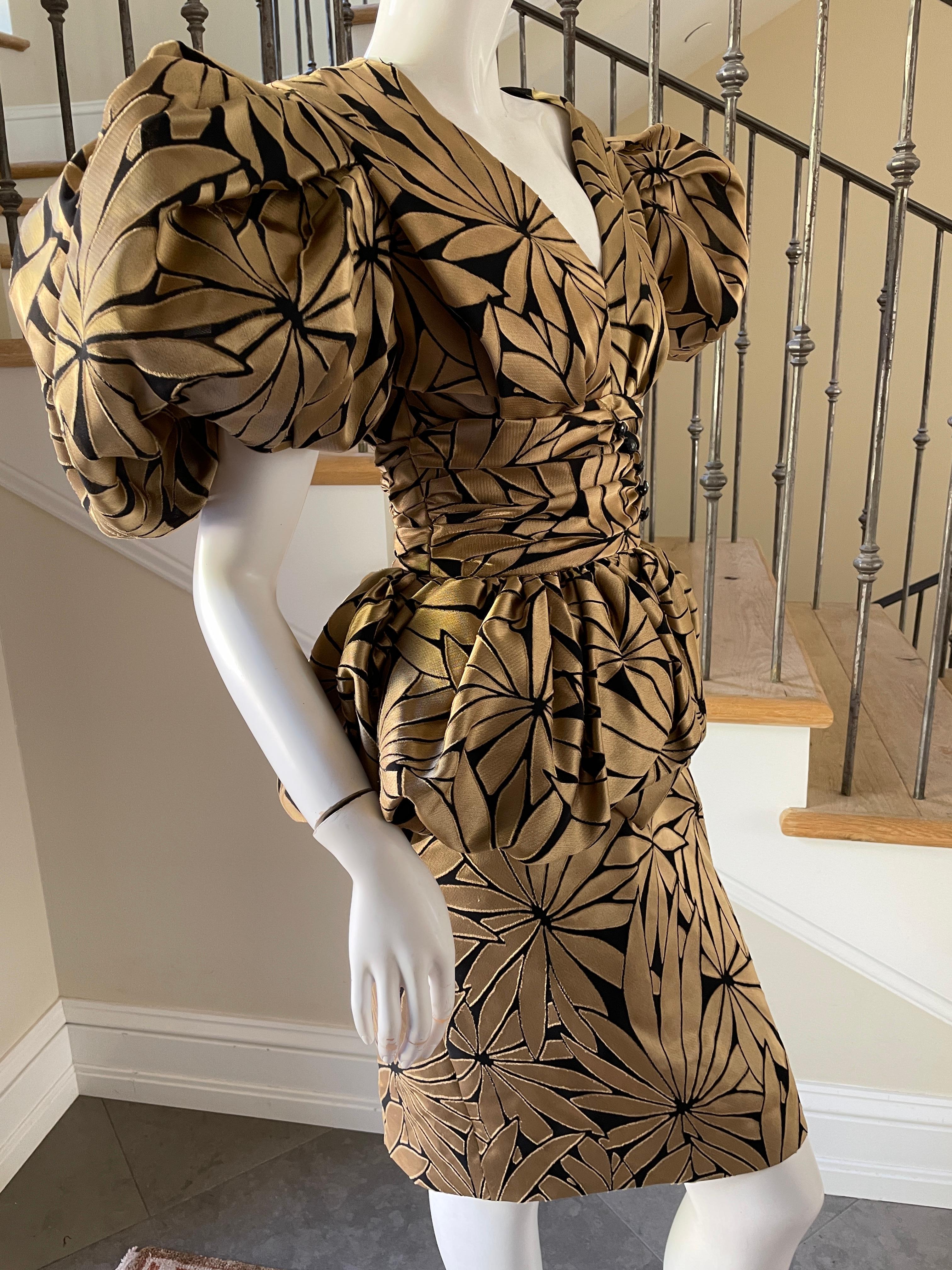 Victor Costa 1980's Gold Floral Peplum Evening Dress w Exaggerated Pouf Sleeves For Sale 1