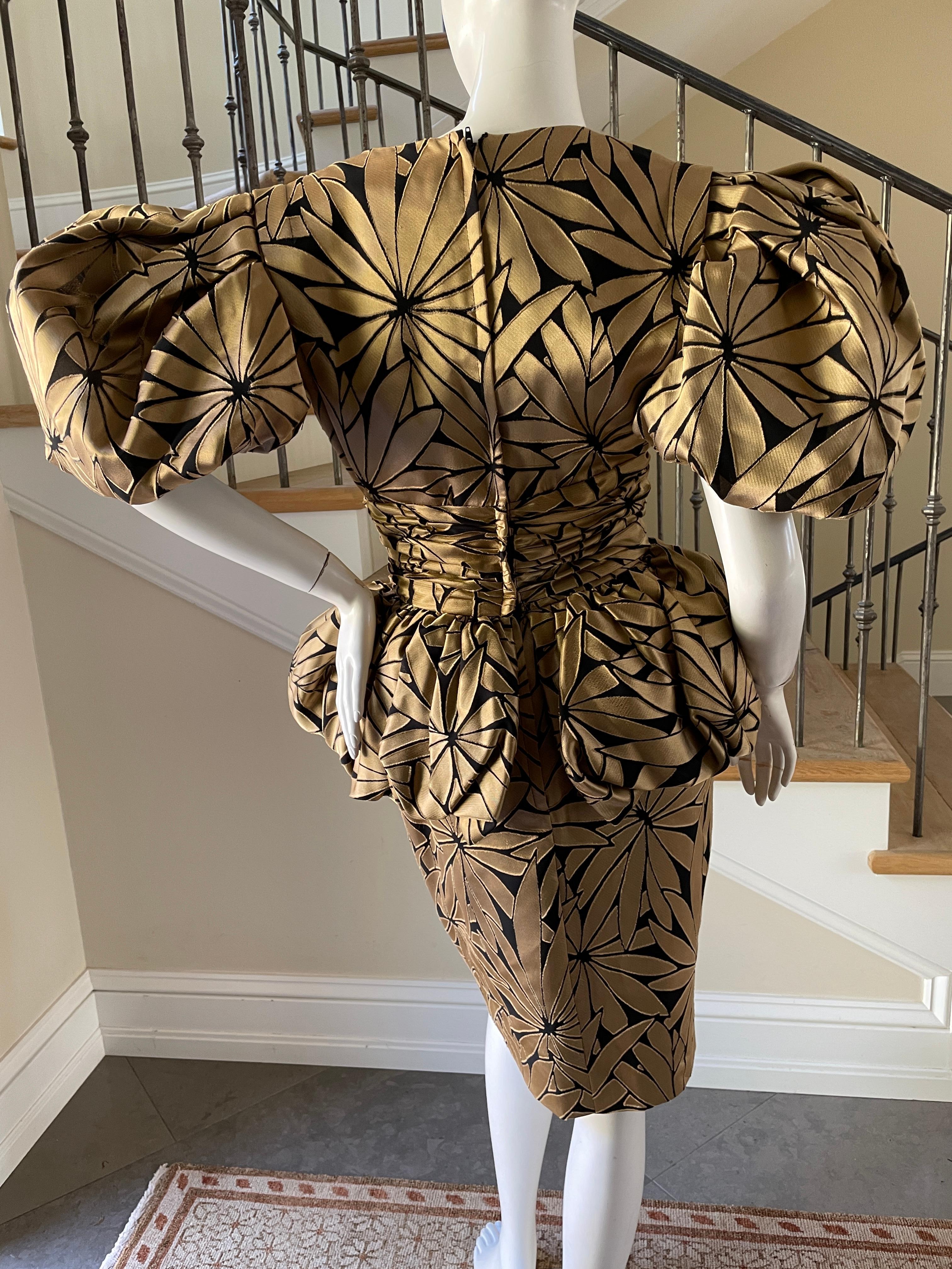 Victor Costa 1980's Gold Floral Peplum Evening Dress w Exaggerated Pouf Sleeves For Sale 2