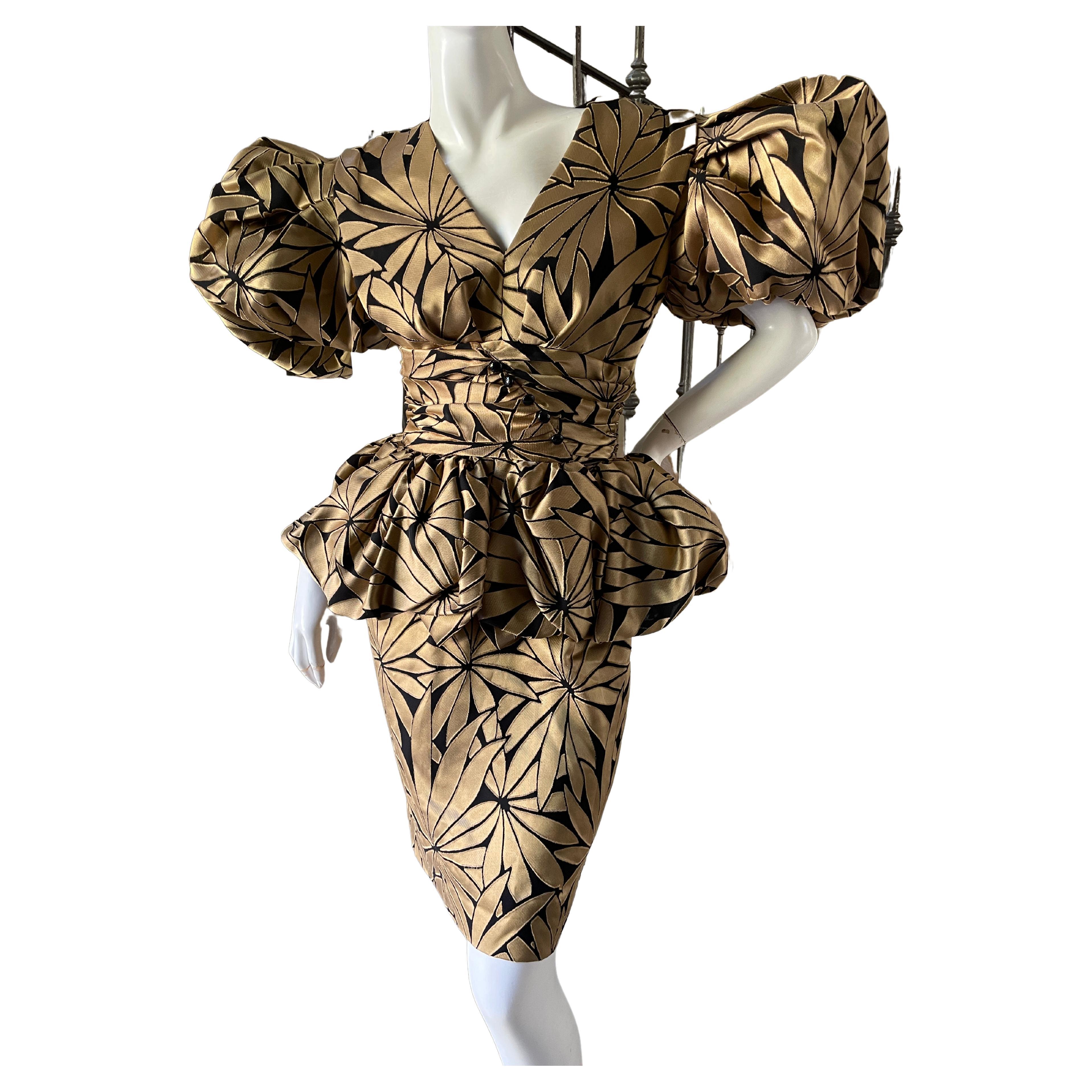 Victor Costa 1980's Gold Floral Peplum Evening Dress w Exaggerated Pouf Sleeves For Sale