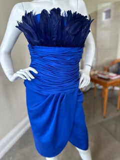 Victor Costa 80's Strapless Blue Cocktail Dress with Feather Bust