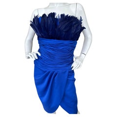 Victor Costa 80's Strapless Blue Cocktail Dress with Feather Bust  