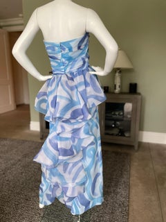 Victor Costa 80's Water Pattern Strapless Dress with Ruffled Bustle Back