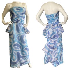 Victor Costa 80's Water Pattern Strapless Dress with Ruffled Bustle Back