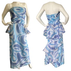 Vintage Victor Costa 80's Water Pattern Strapless Dress with Ruffled Bustle Back