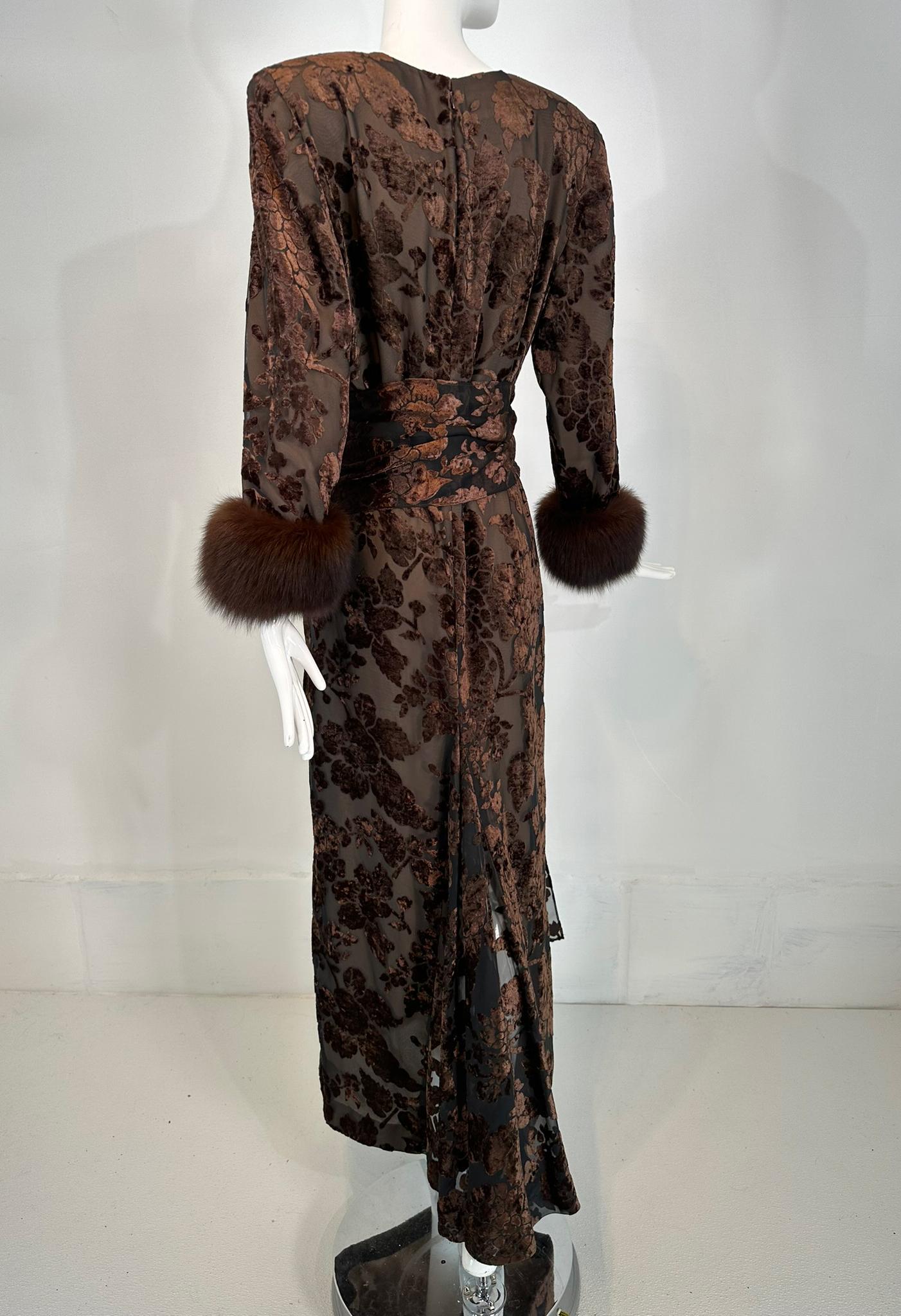 Victor Costa Amber & Brown Cut Velvet W/ Sable Cuffs 1990s 6