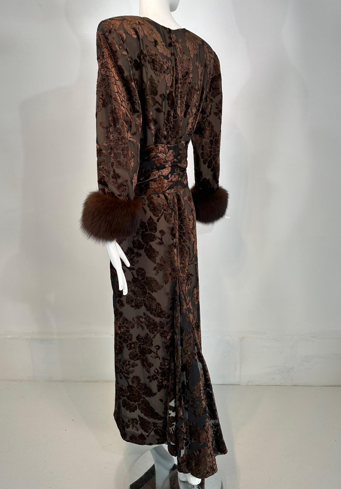 Victor Costa Amber & Brown Cut Velvet W/ Sable Cuffs 1990s 7