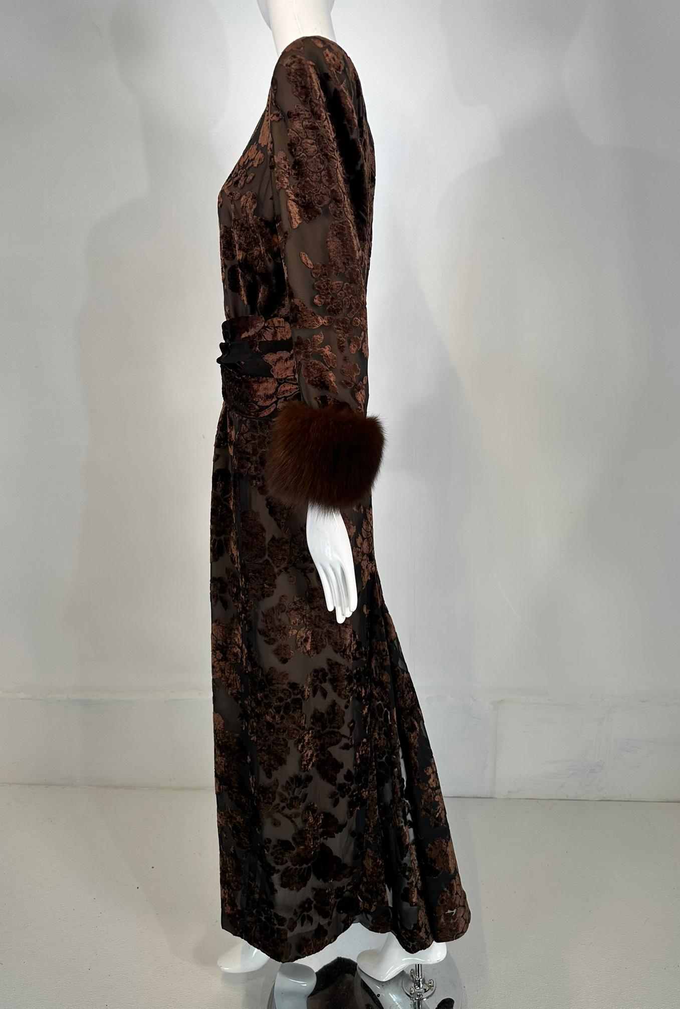 Victor Costa Amber & Brown Cut Velvet W/ Sable Cuffs 1990s 8