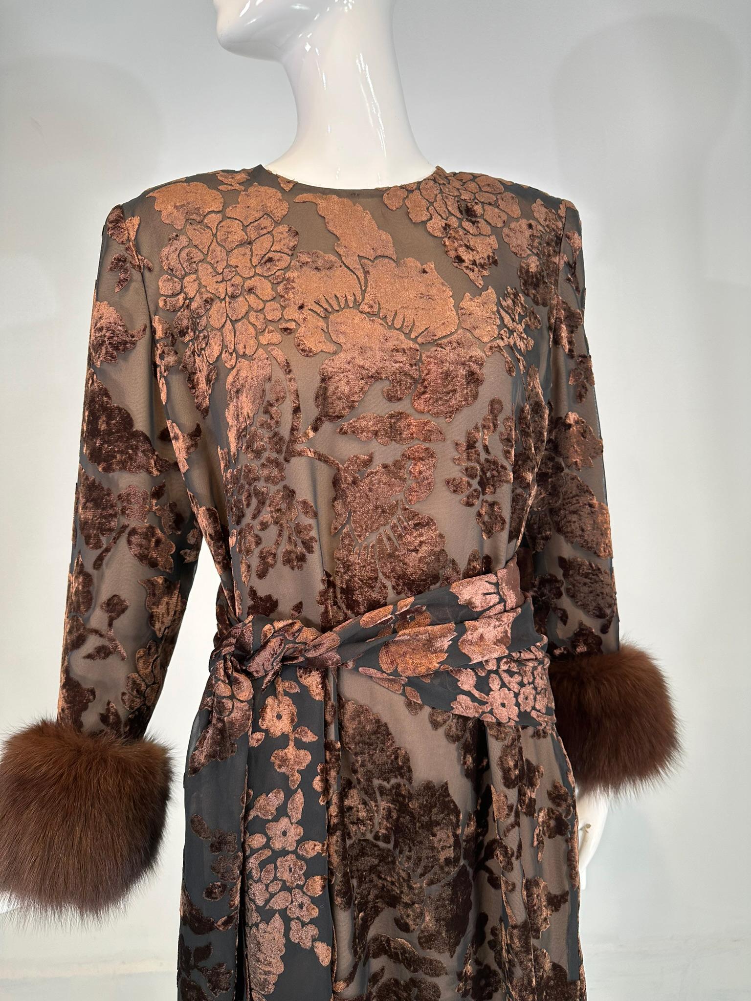 Victor Costa Amber & Brown Cut Velvet W/ Sable Cuffs 1990s 10