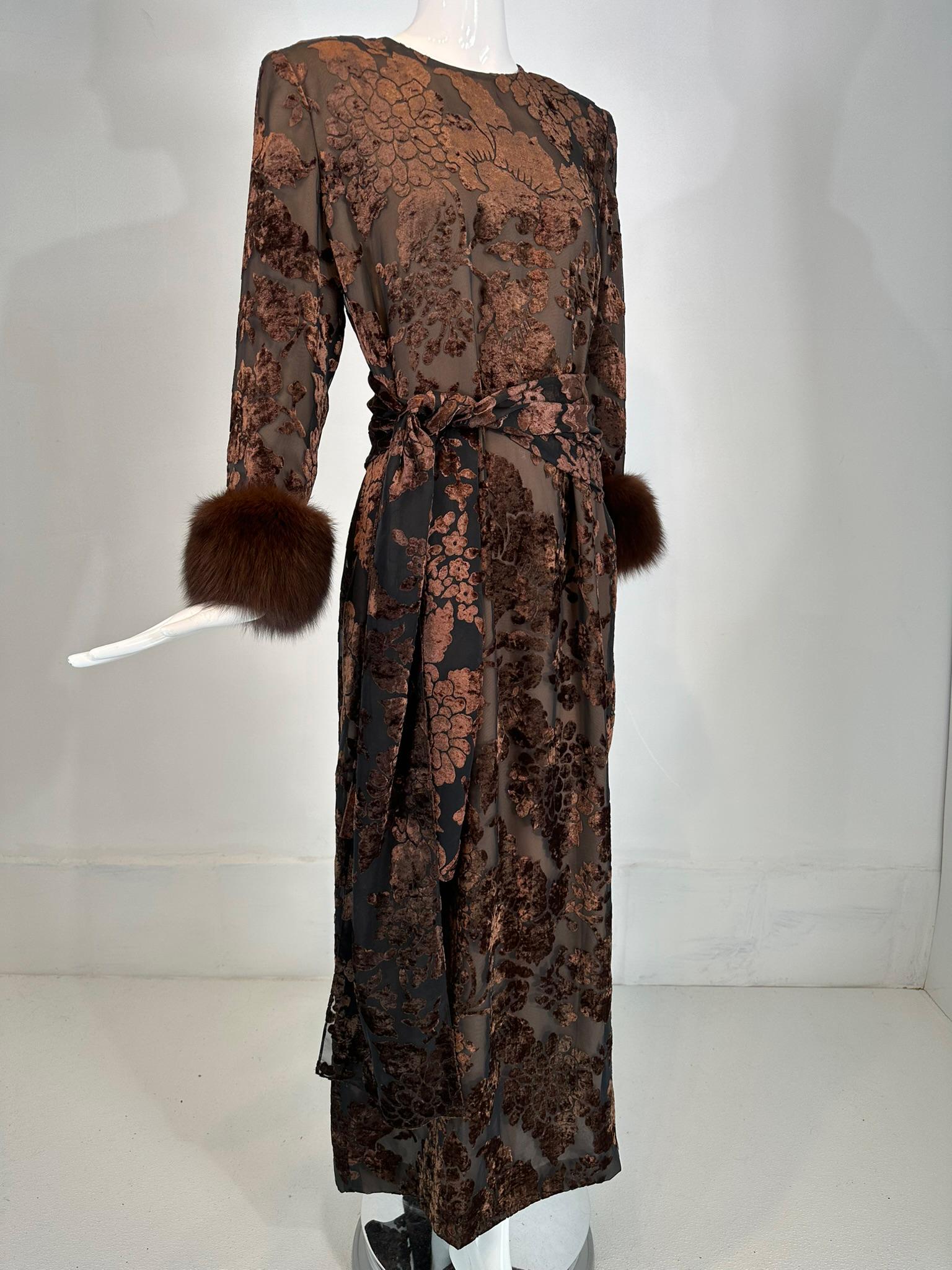 Victor Costa for Naharee amber & brown devore/cut velvet gown with sable fur cuffs, fish tail hem. Marked size 12. From the 1990s. Gorgeous silky velvet changes from a dark amber brown to chocolate depending on the light you are standing in. Jewel