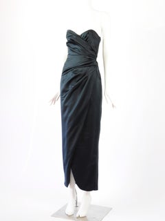 Victor Costa Black Dress Strapless Structured Draped Satin 1980s