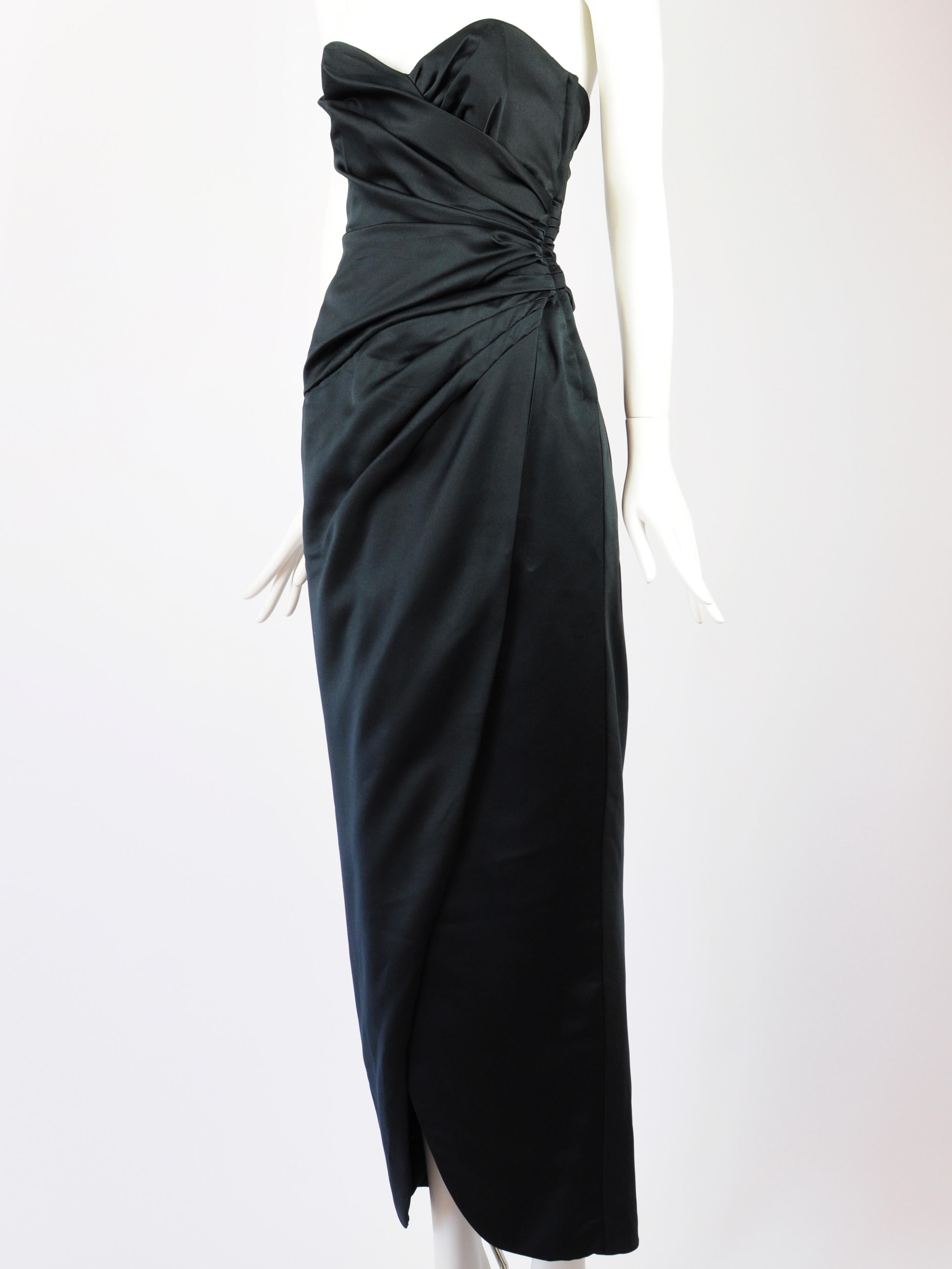 Victor Costa Black Dress Strapless Structured Draped Satin 1980s In Good Condition For Sale In AMSTERDAM, NL