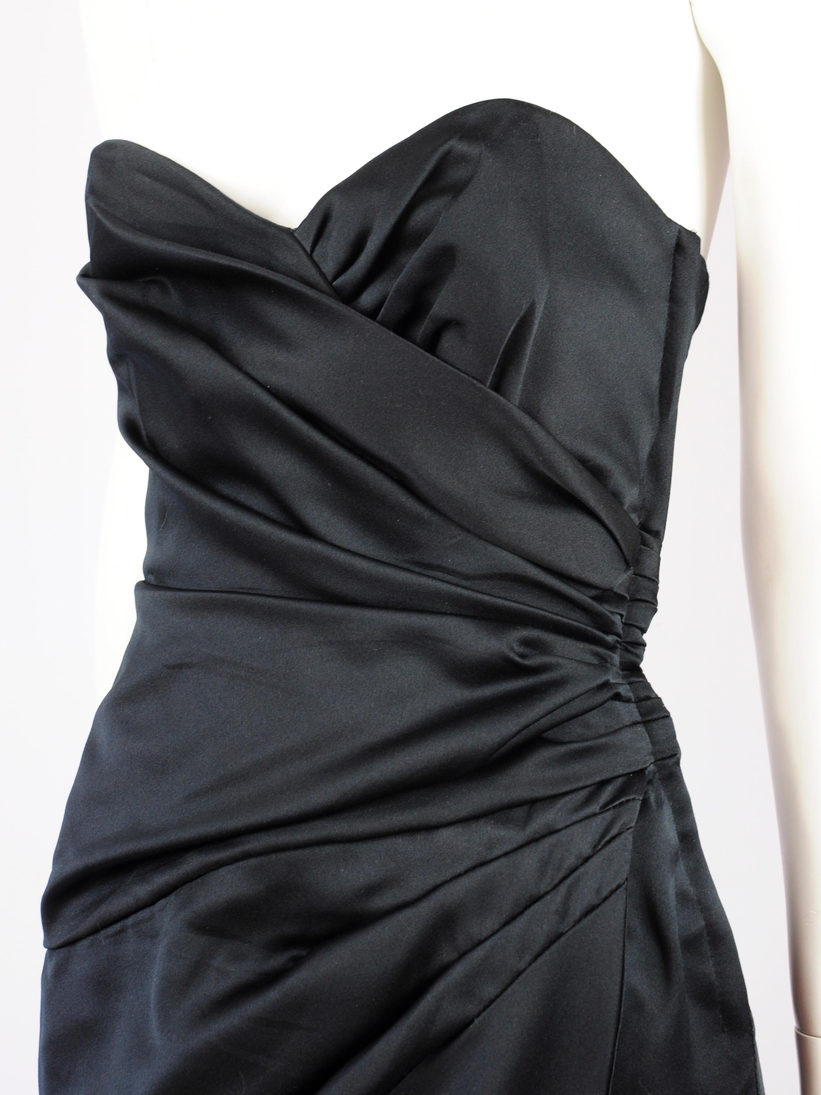 Women's Victor Costa Black Dress Strapless Structured Draped Satin 1980s For Sale