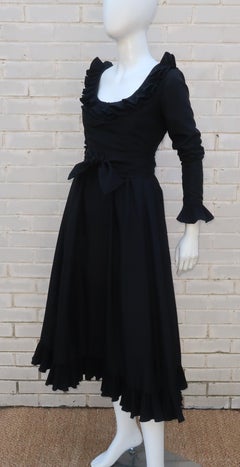 Victor Costa Black Peasant Style Ruffled Dress, 1970's