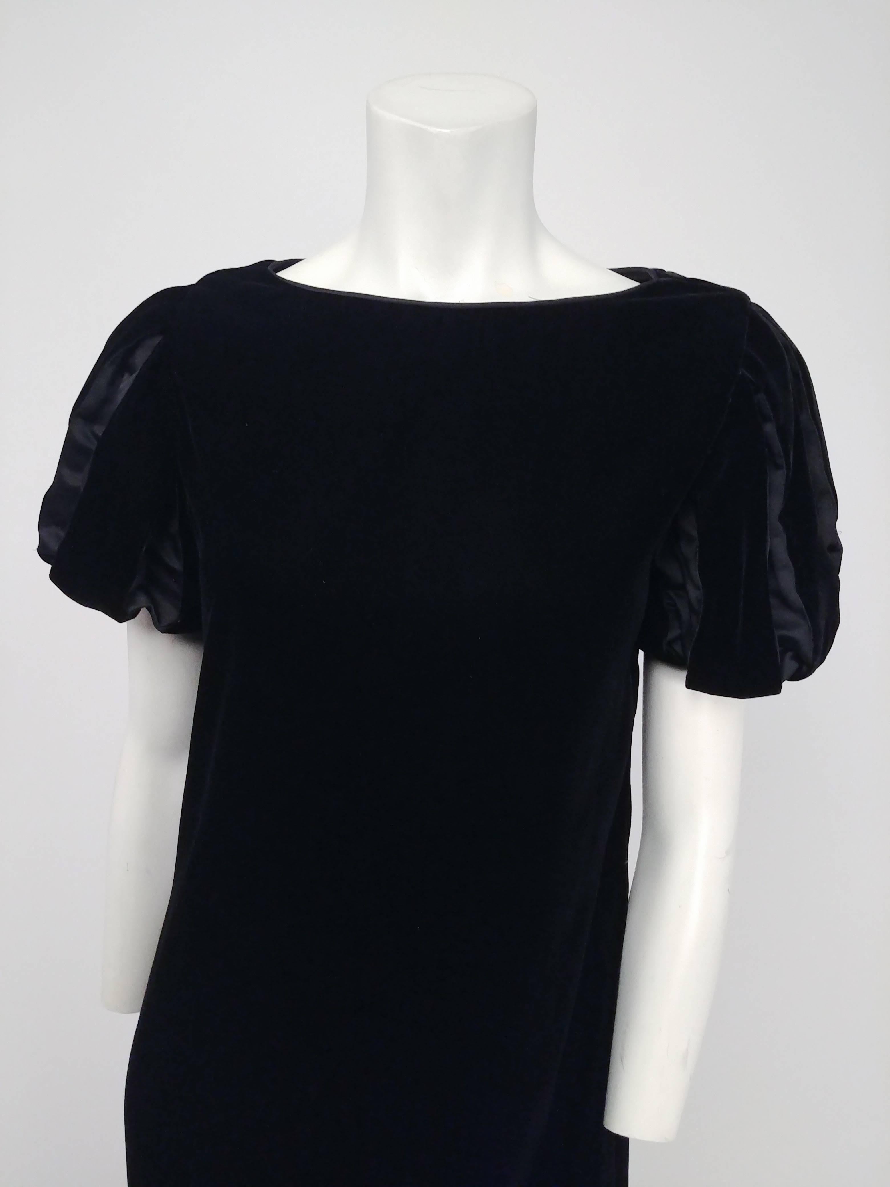 Victor Costa Black Velvet Slashed Sleeve Dress, 1980s. Velvet shift dress with puffed faux-slashed sleeves in the Tudor style. Zips up back. 