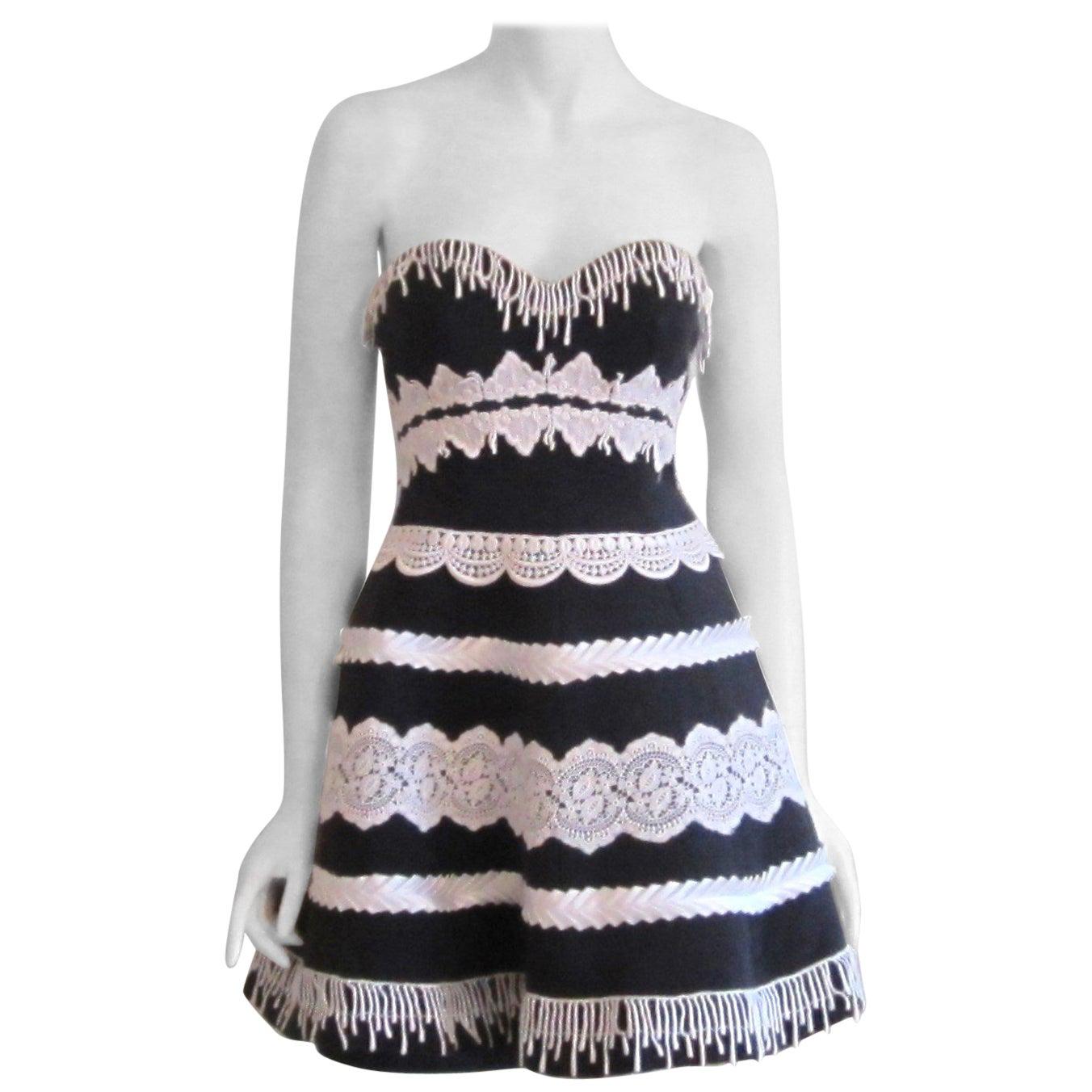  Victor Costa Black & White Strapless Cocktail Dress, 1980s  For Sale