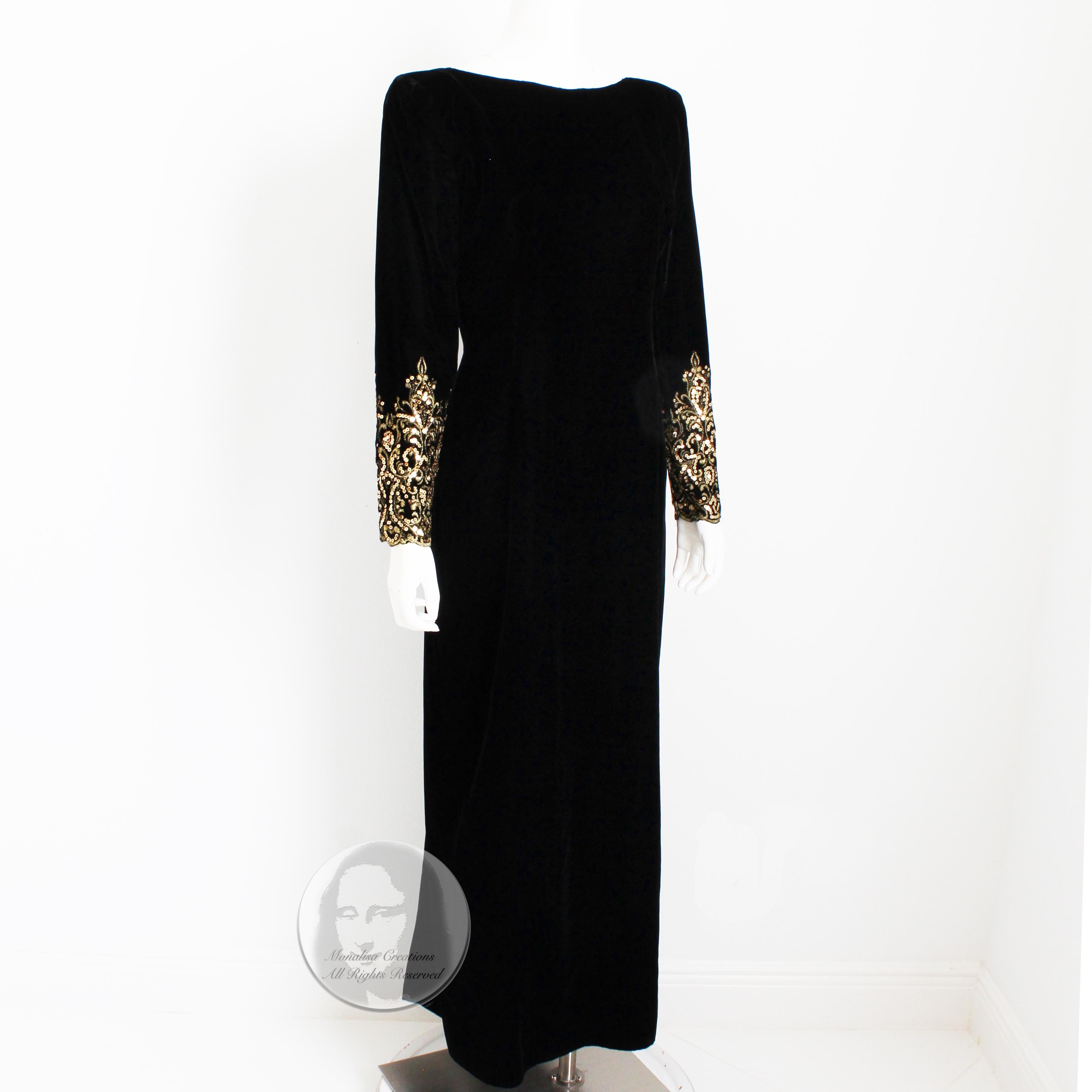 Authentic, preowned, vintage Victor Costa evening gown, likely made in the 90s. Made from black velvet, it features gorgeous embellished sleeves and a plunging back - sexy and chic! Fastens with zipper in back and has a slight train to the back hem.