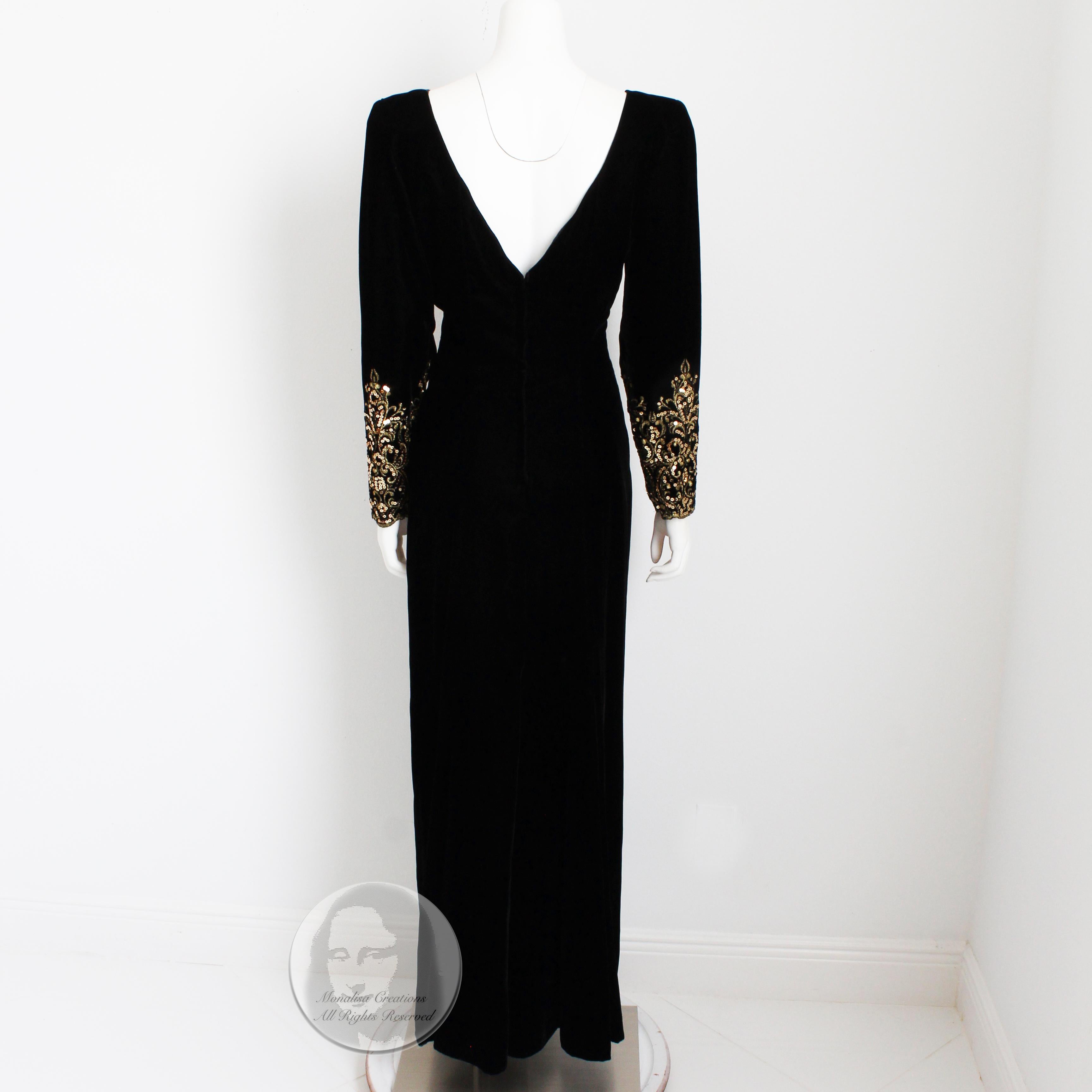 Women's Victor Costa Evening Gown Black Velvet Embellished Sleeves Plunge Back 90s Sz 12 For Sale