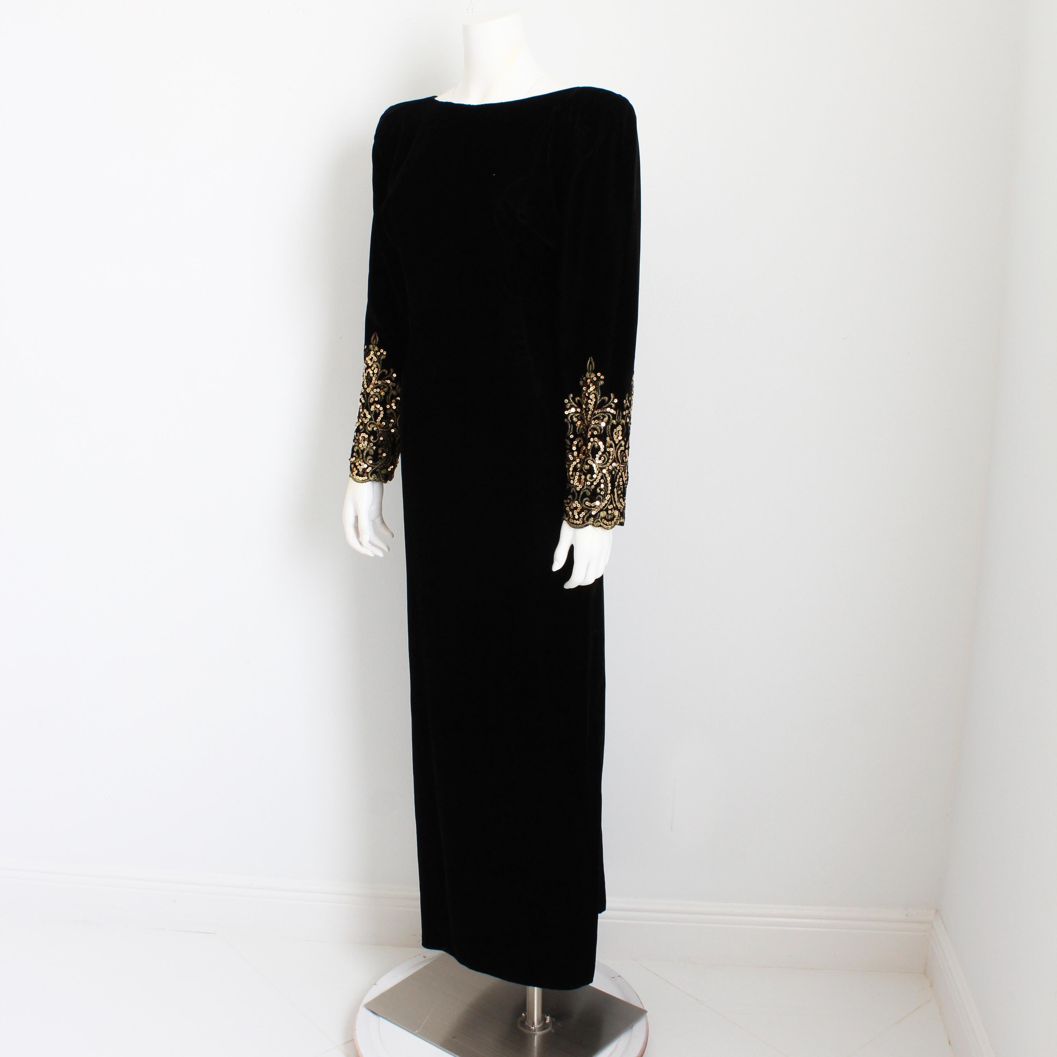 Victor Costa Evening Gown Black Velvet Embellished Sleeves Plunge Back 90s Sz 12 In Good Condition For Sale In Port Saint Lucie, FL