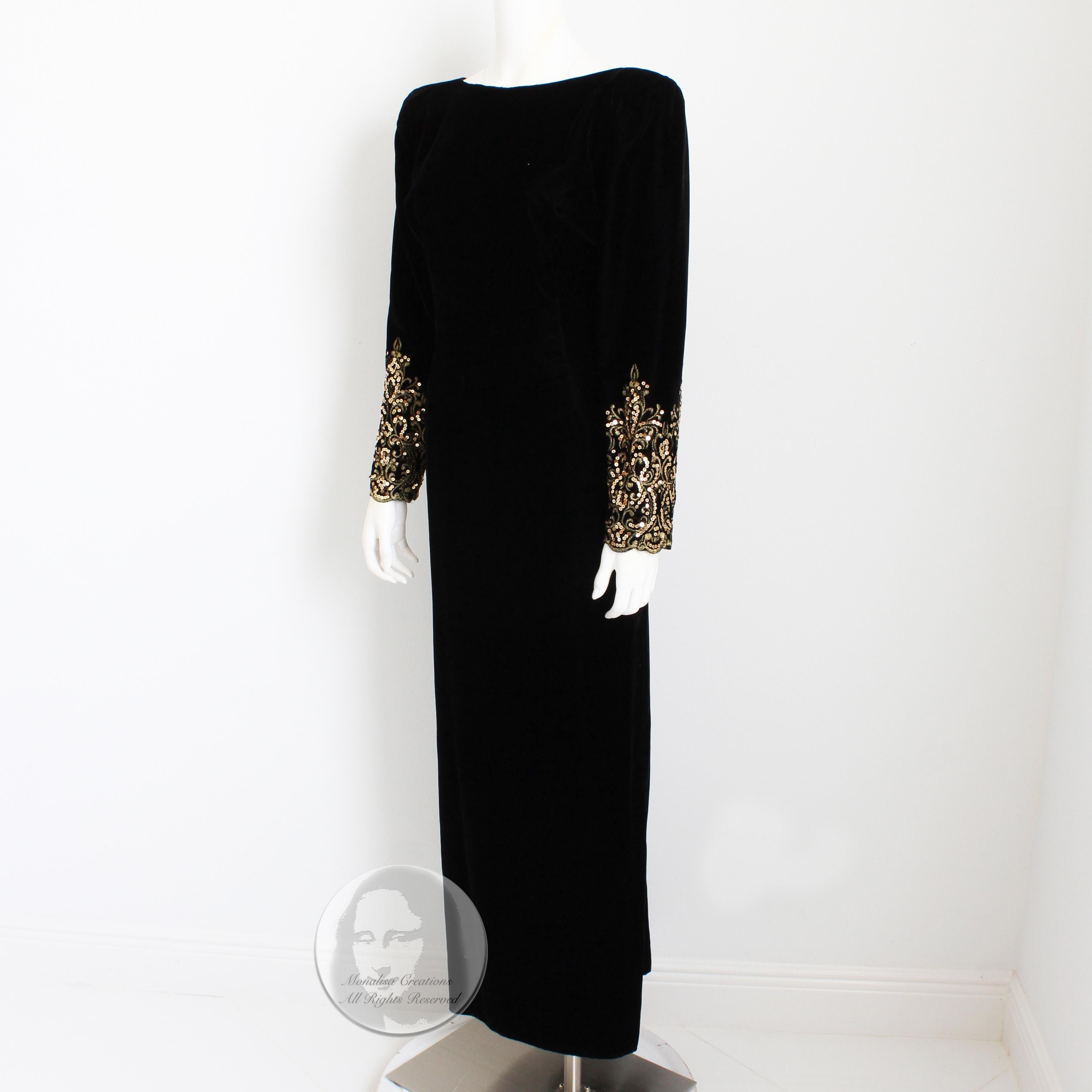Victor Costa Evening Gown Black Velvet Embellished Sleeves Plunge Back 90s Sz 12 For Sale 1