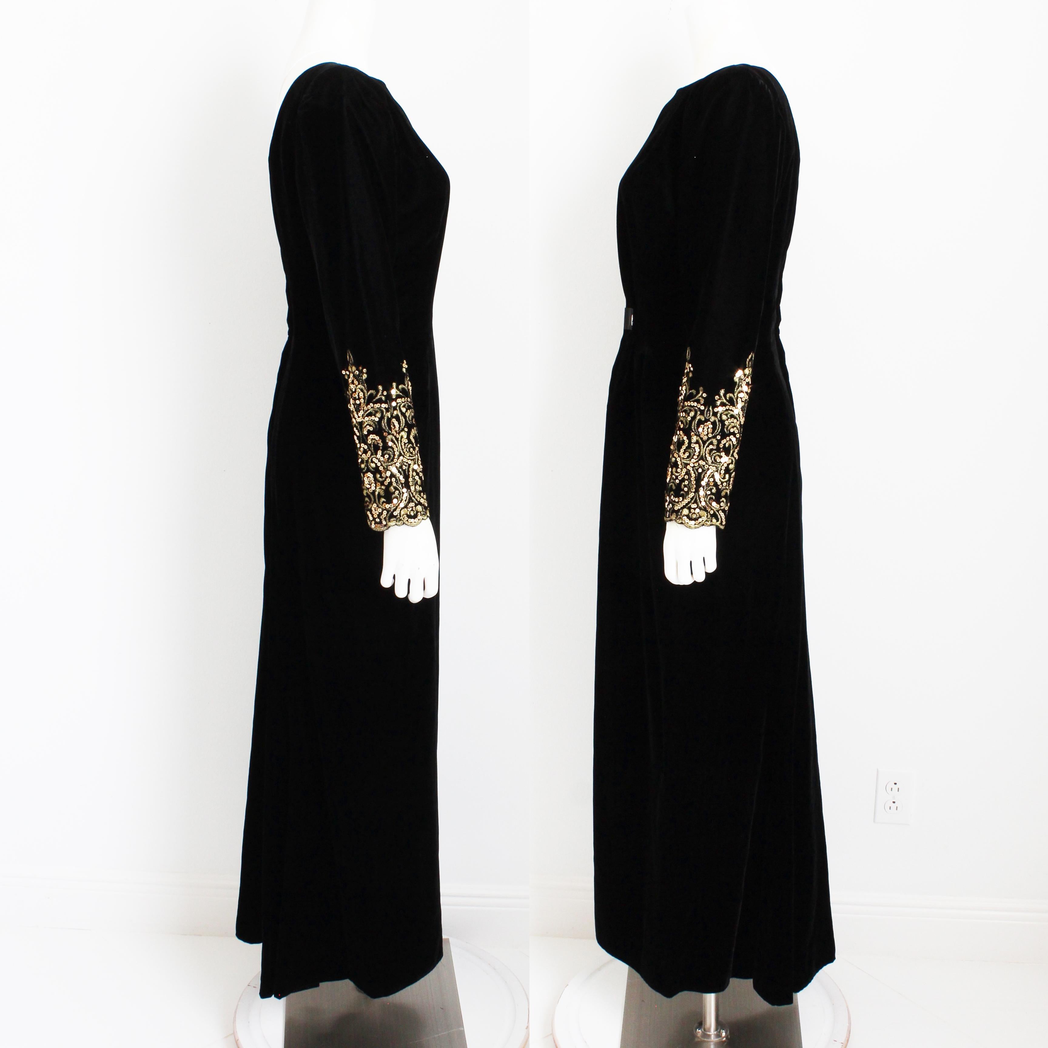 Women's Victor Costa Evening Gown Black Velvet Embellished Sleeves Plunge Back 90s Sz 12 For Sale