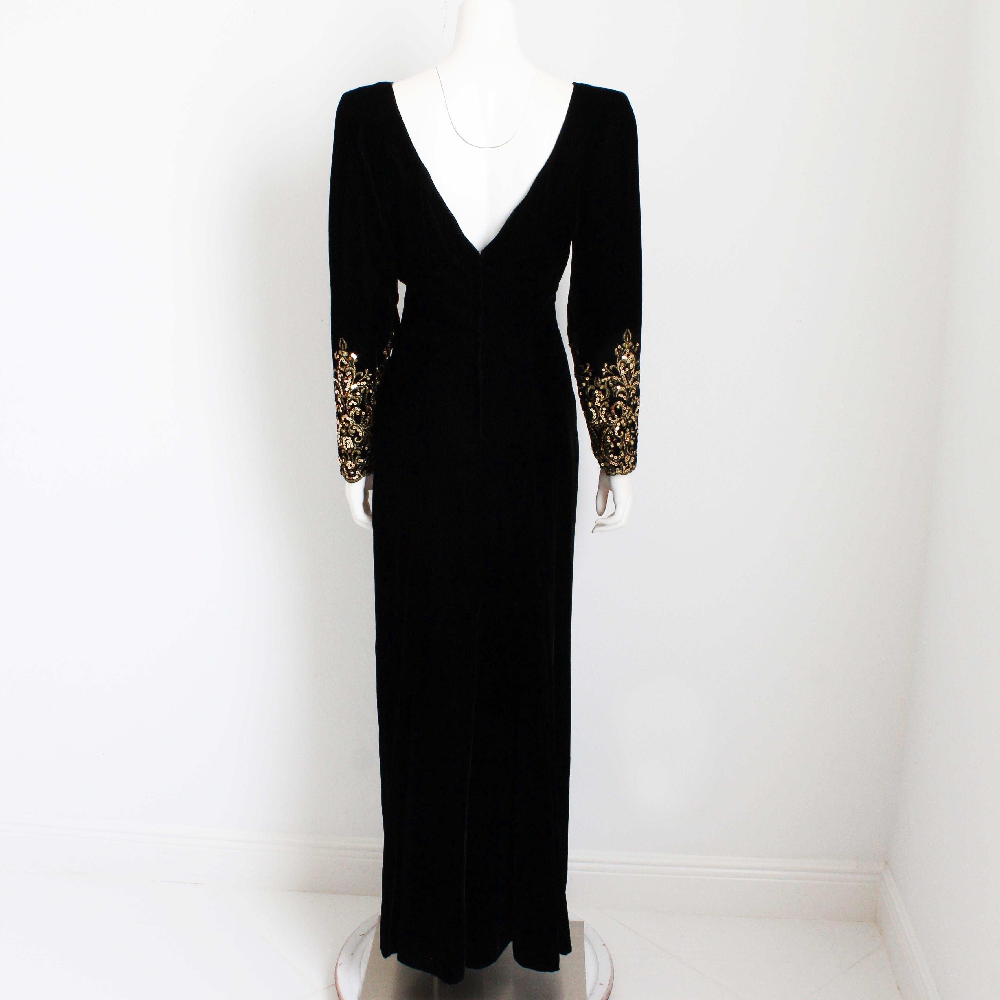 Victor Costa Evening Gown Black Velvet Embellished Sleeves Plunge Back 90s Sz 12 For Sale 1