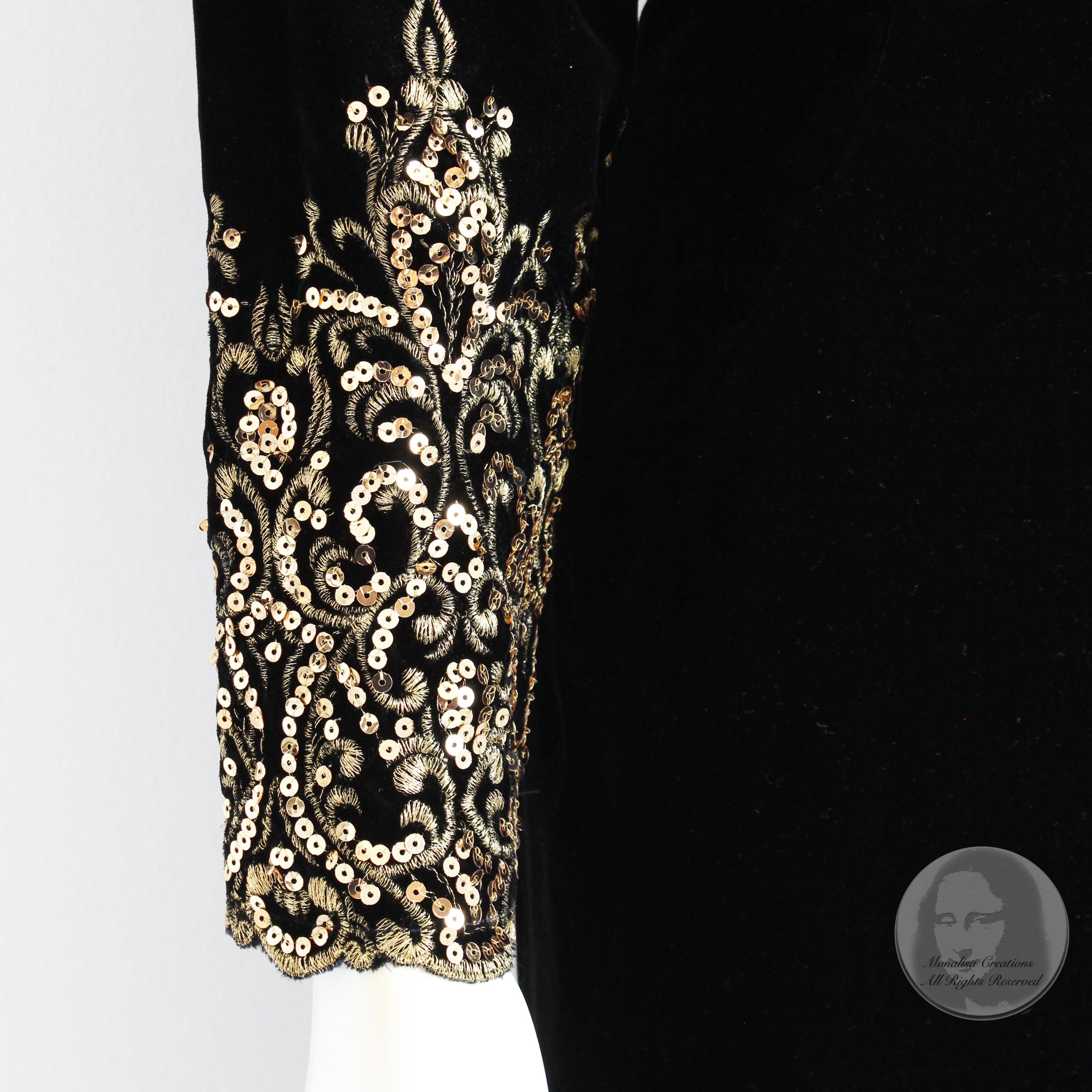 Victor Costa Evening Gown Black Velvet Embellished Sleeves Plunge Back 90s Sz 12 For Sale 3