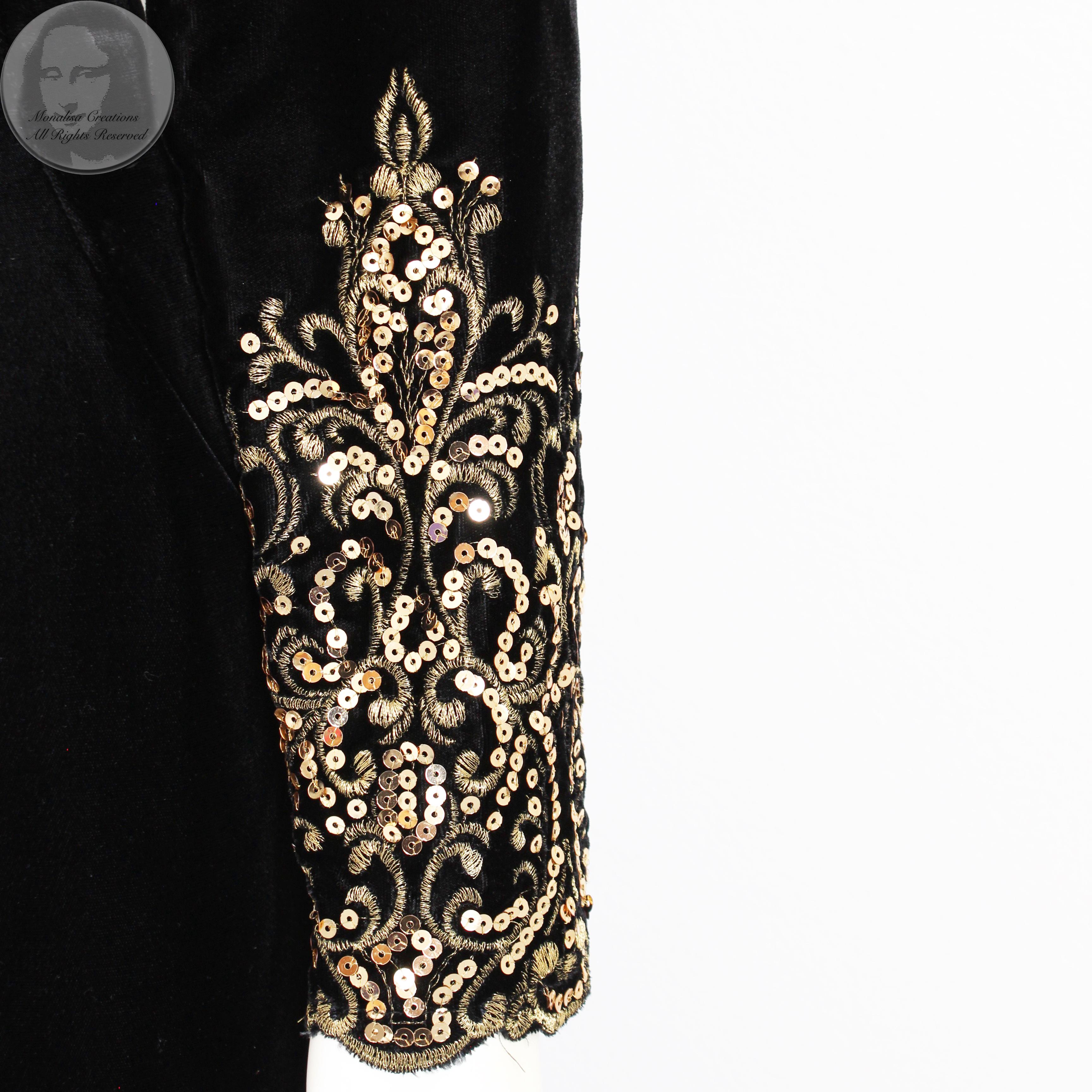 Victor Costa Evening Gown Black Velvet Embellished Sleeves Plunge Back 90s Sz 12 For Sale 4