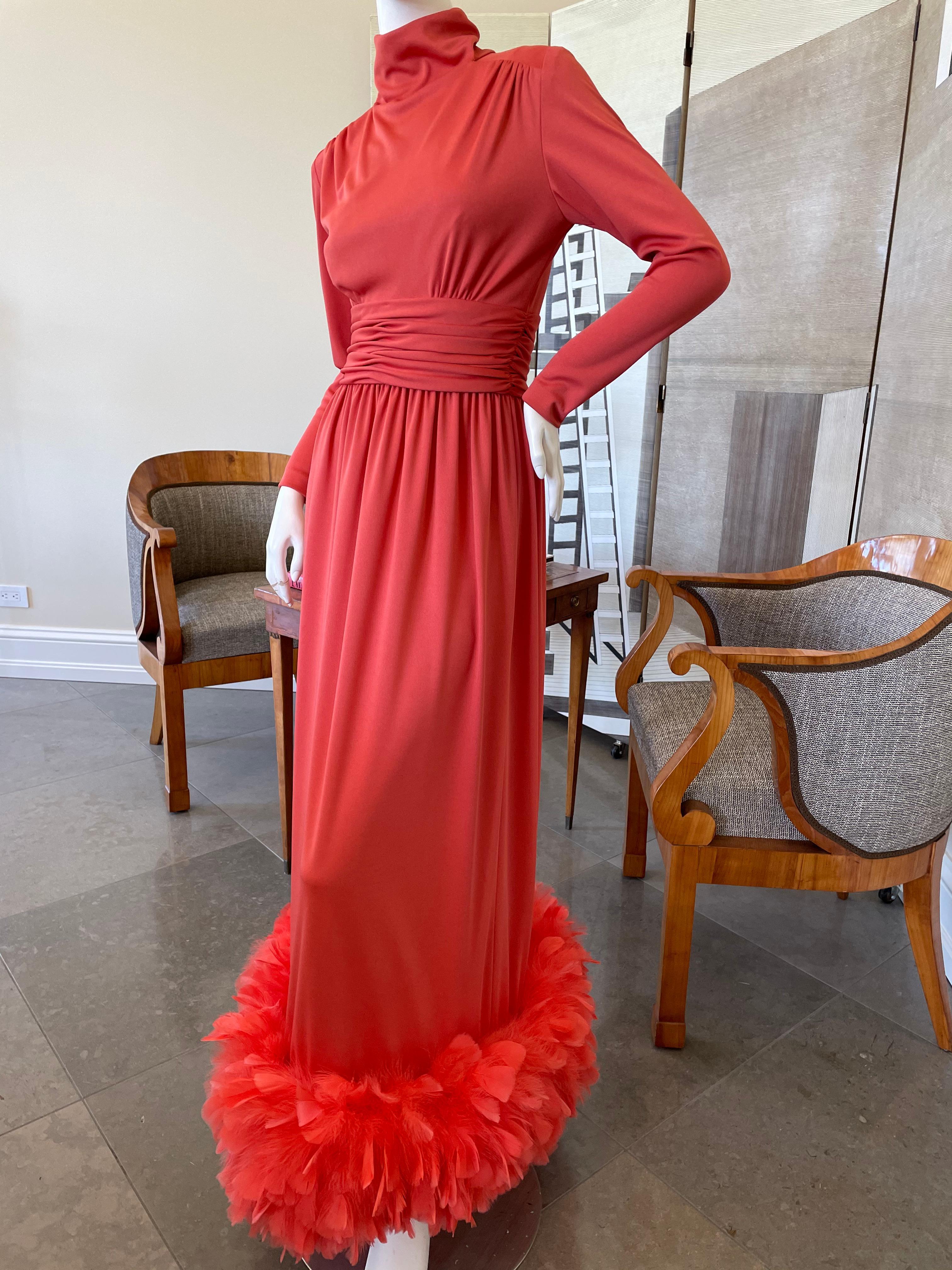 Victor Costa for I. Magnin 1970's Coral Evening Dress with Wide Feather Hem For Sale 5