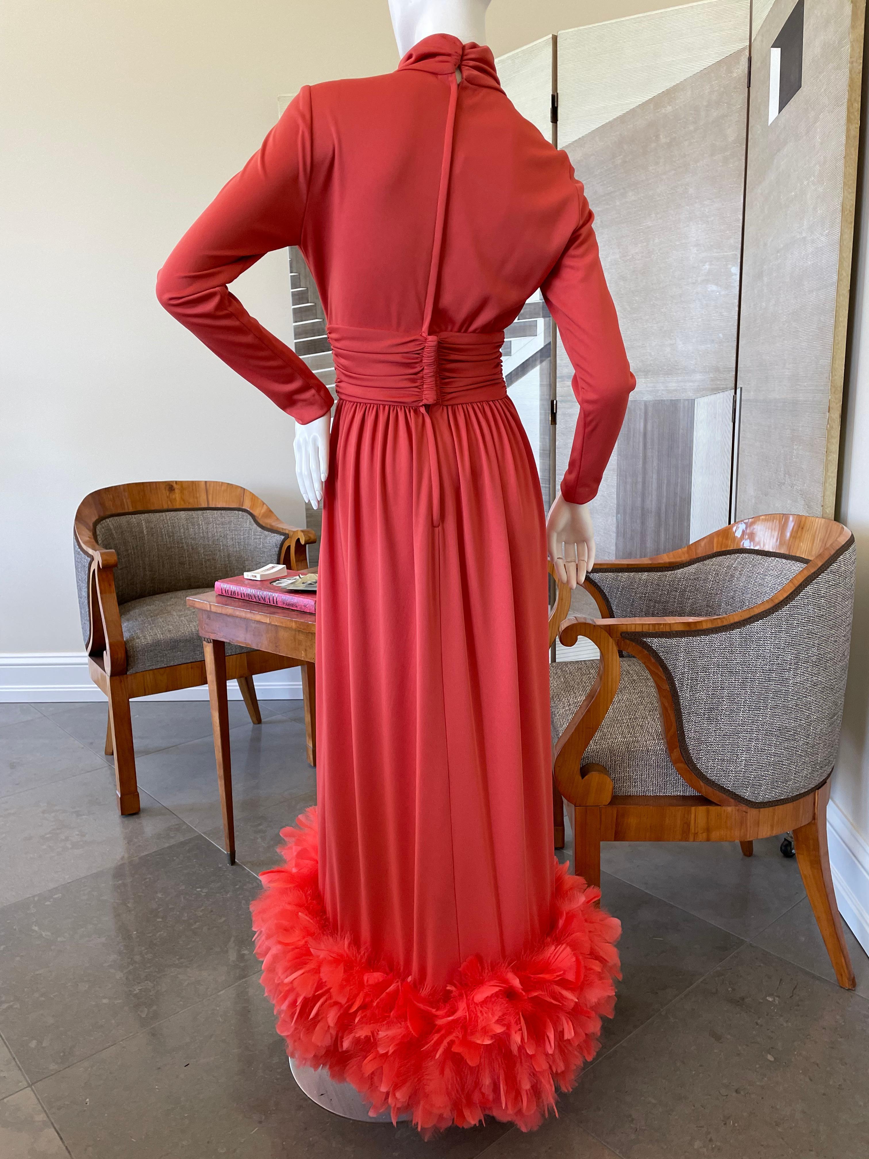 Victor Costa for I. Magnin 1970's Coral Evening Dress with Wide Feather Hem For Sale 6