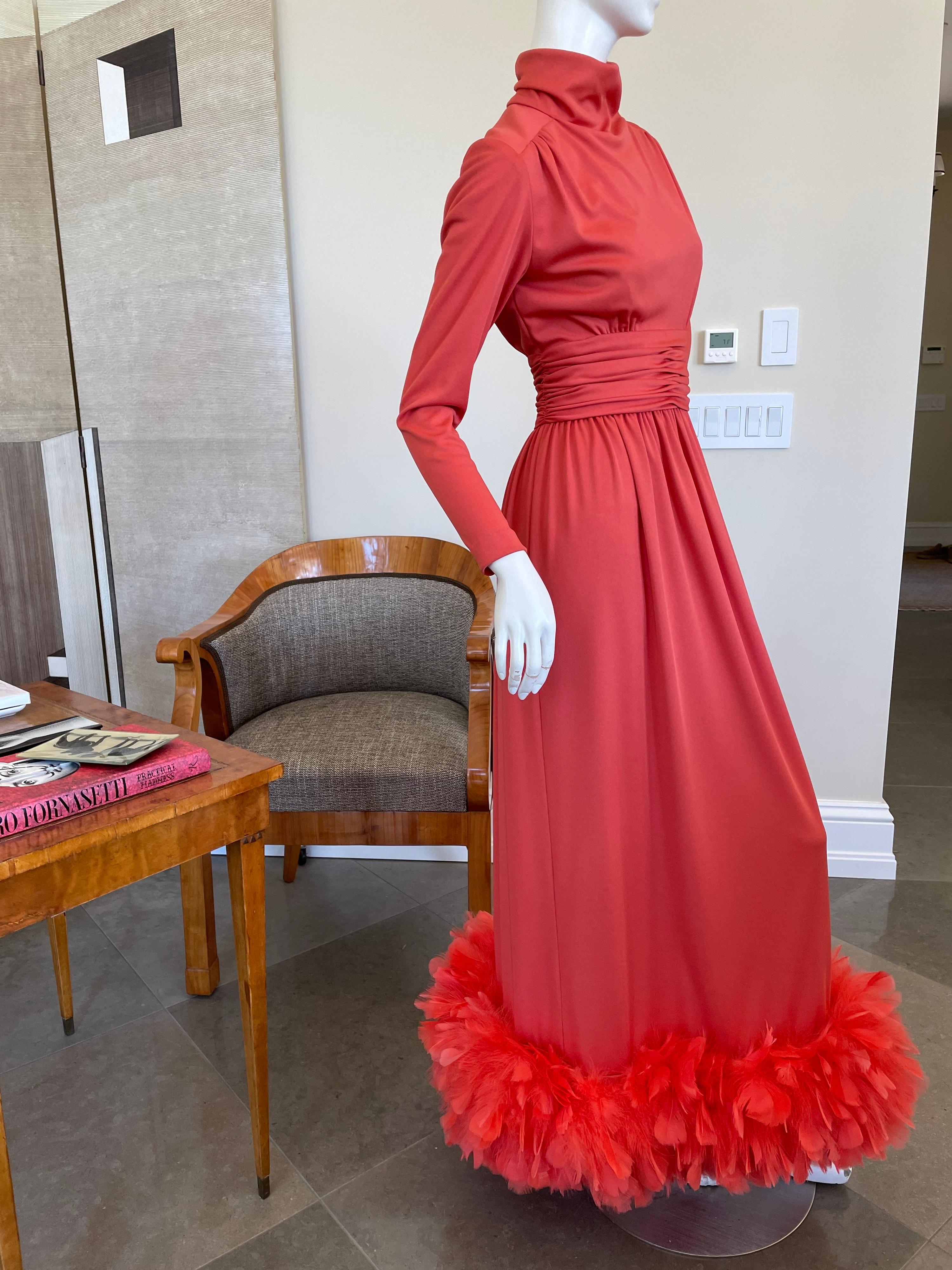Red Victor Costa for I. Magnin 1970's Coral Evening Dress with Wide Feather Hem For Sale