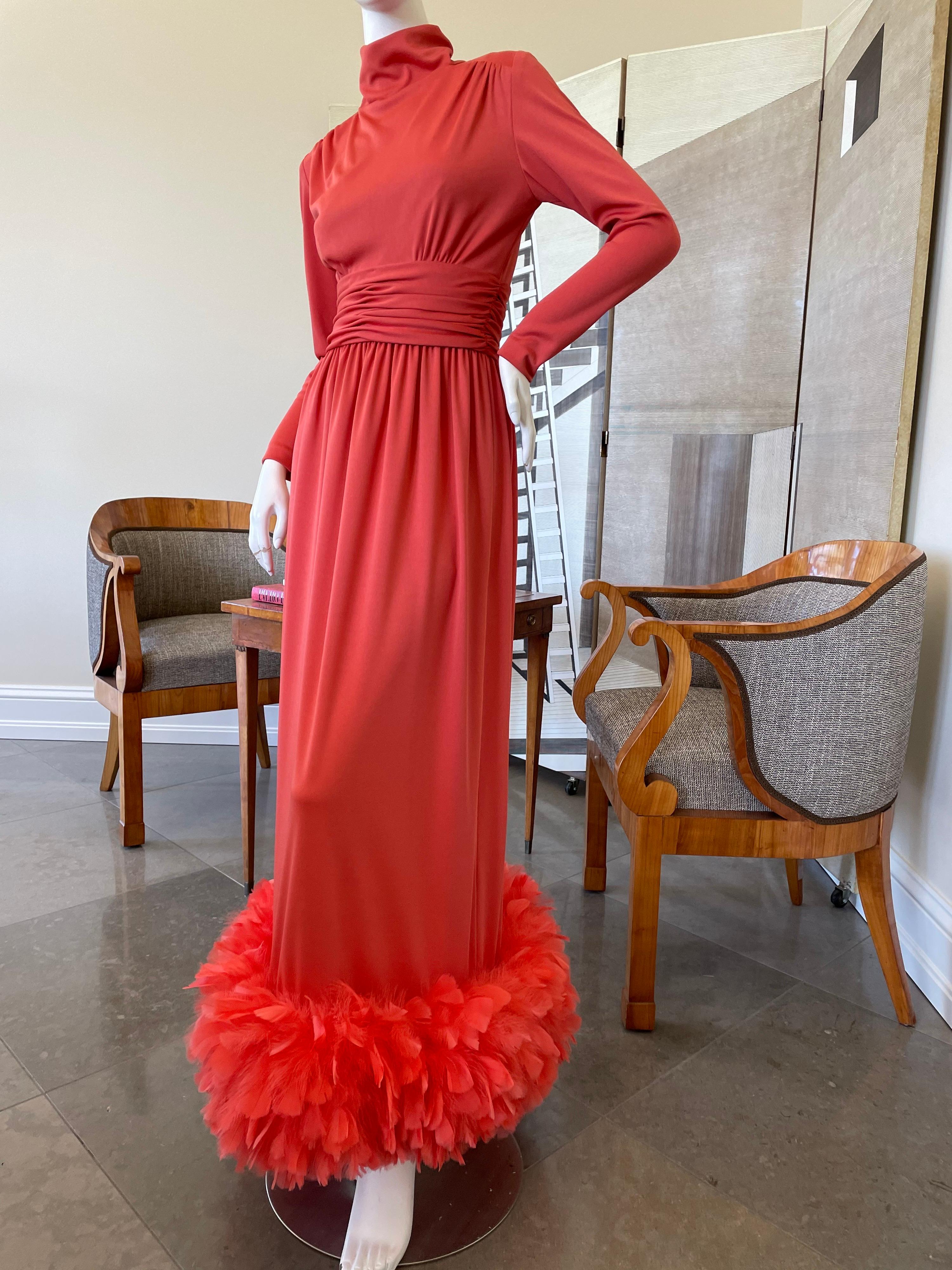 Victor Costa for I. Magnin 1970's Coral Evening Dress with Wide Feather Hem In Excellent Condition For Sale In Cloverdale, CA