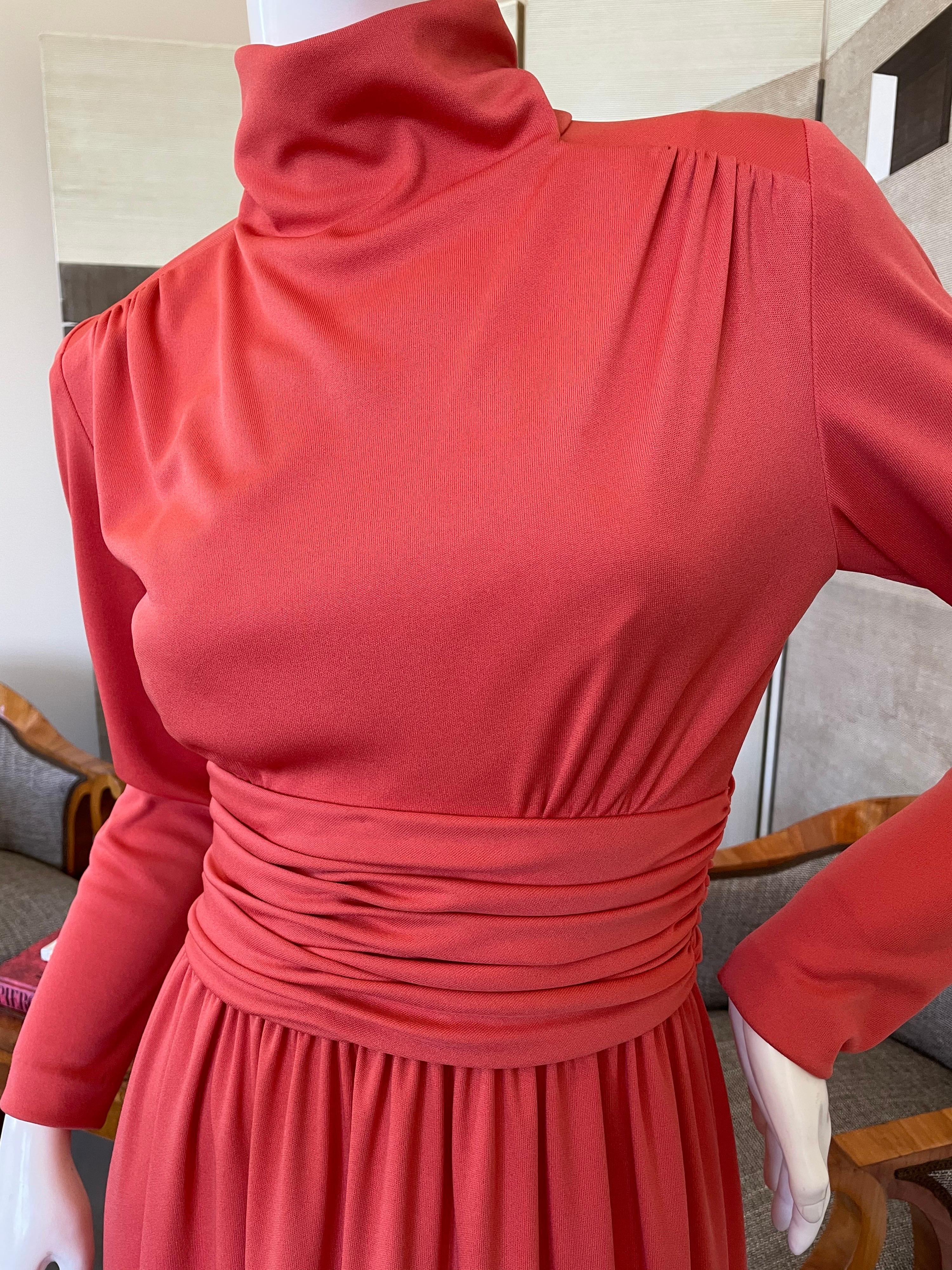 Women's Victor Costa for I. Magnin 1970's Coral Evening Dress with Wide Feather Hem For Sale