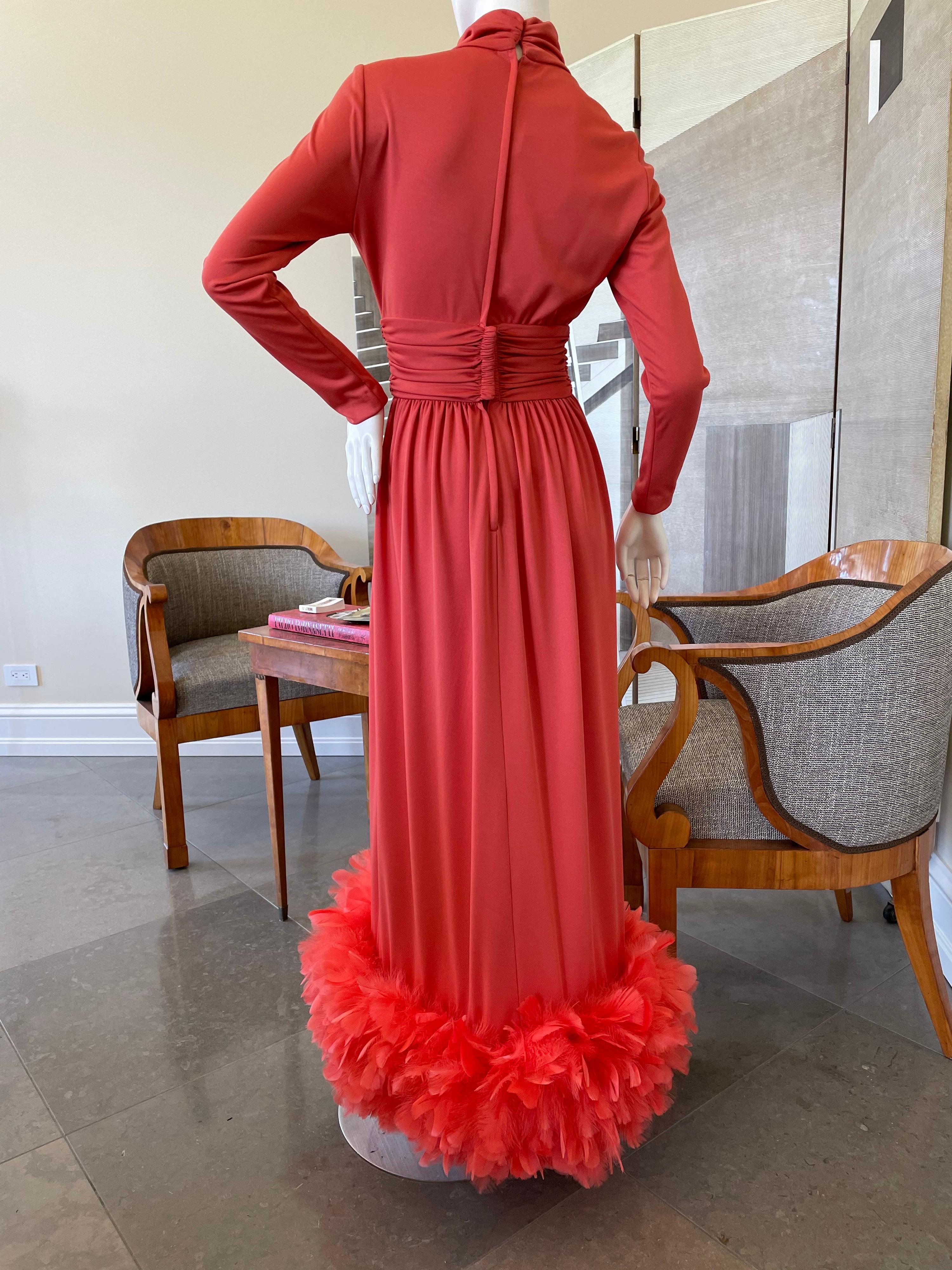 Victor Costa for I. Magnin 1970's Coral Evening Dress with Wide Feather Hem For Sale 1