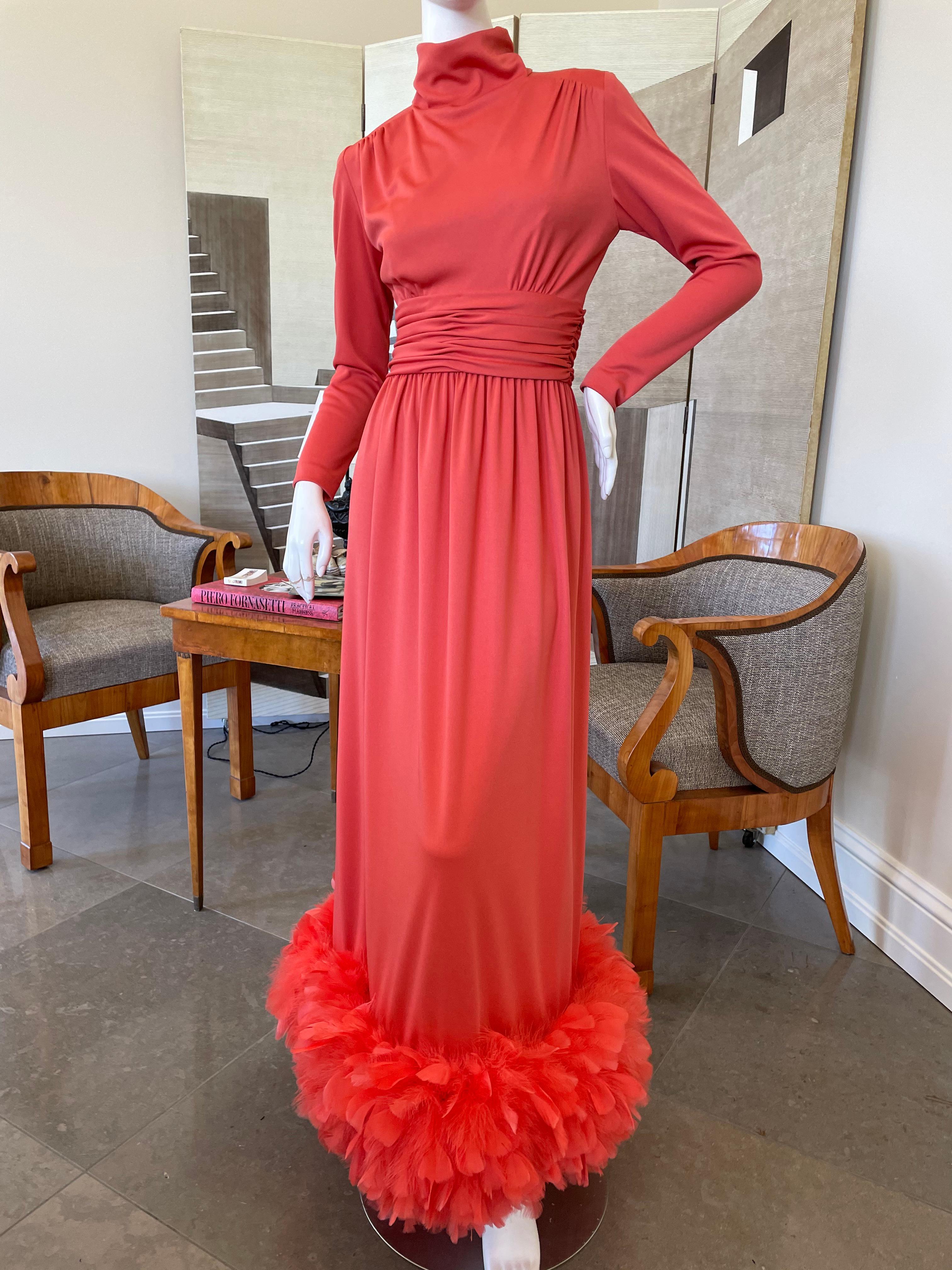 Victor Costa for I. Magnin 1970's Coral Evening Dress with Wide Feather Hem For Sale 2