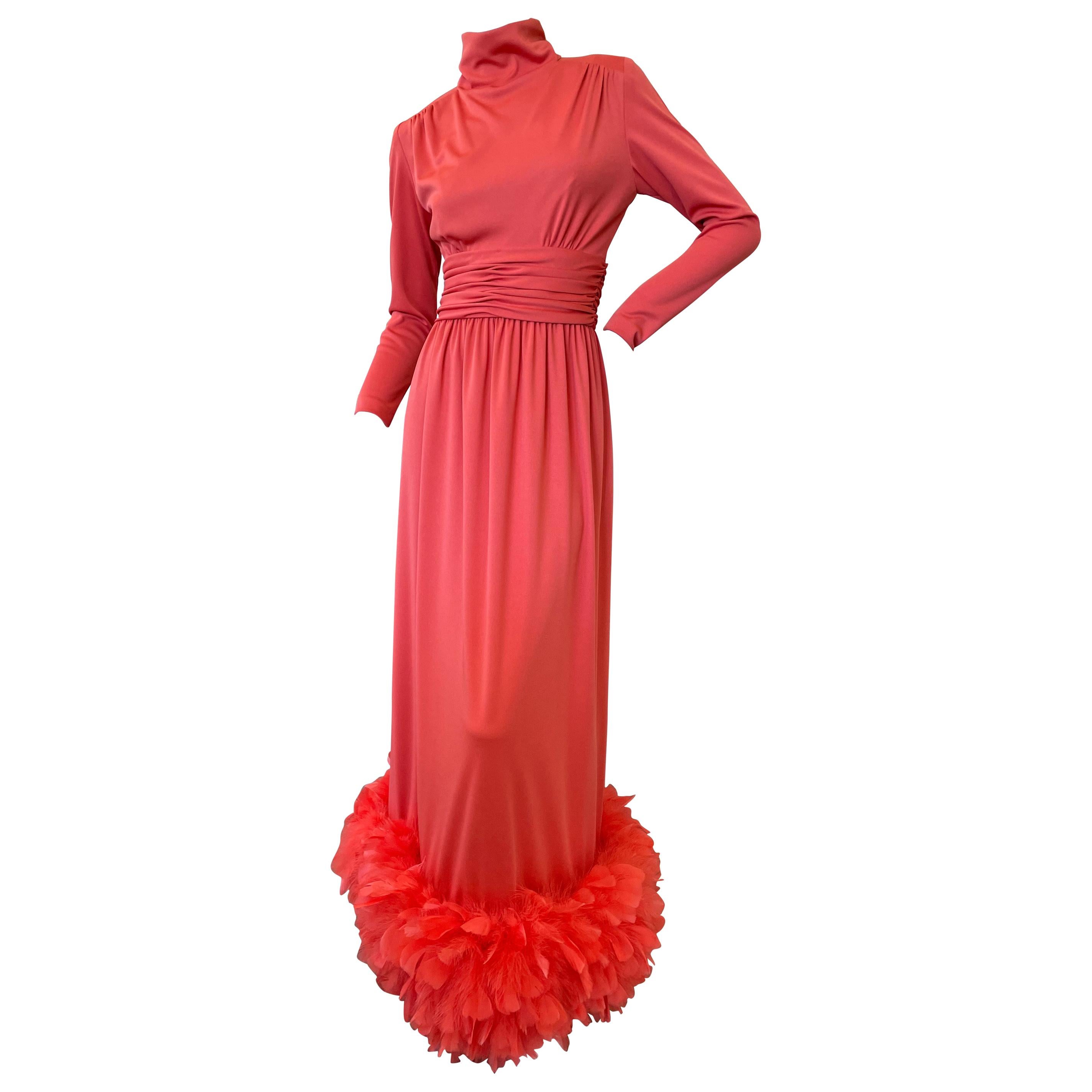 Victor Costa for I. Magnin 1970's Coral Evening Dress with Wide Feather Hem For Sale