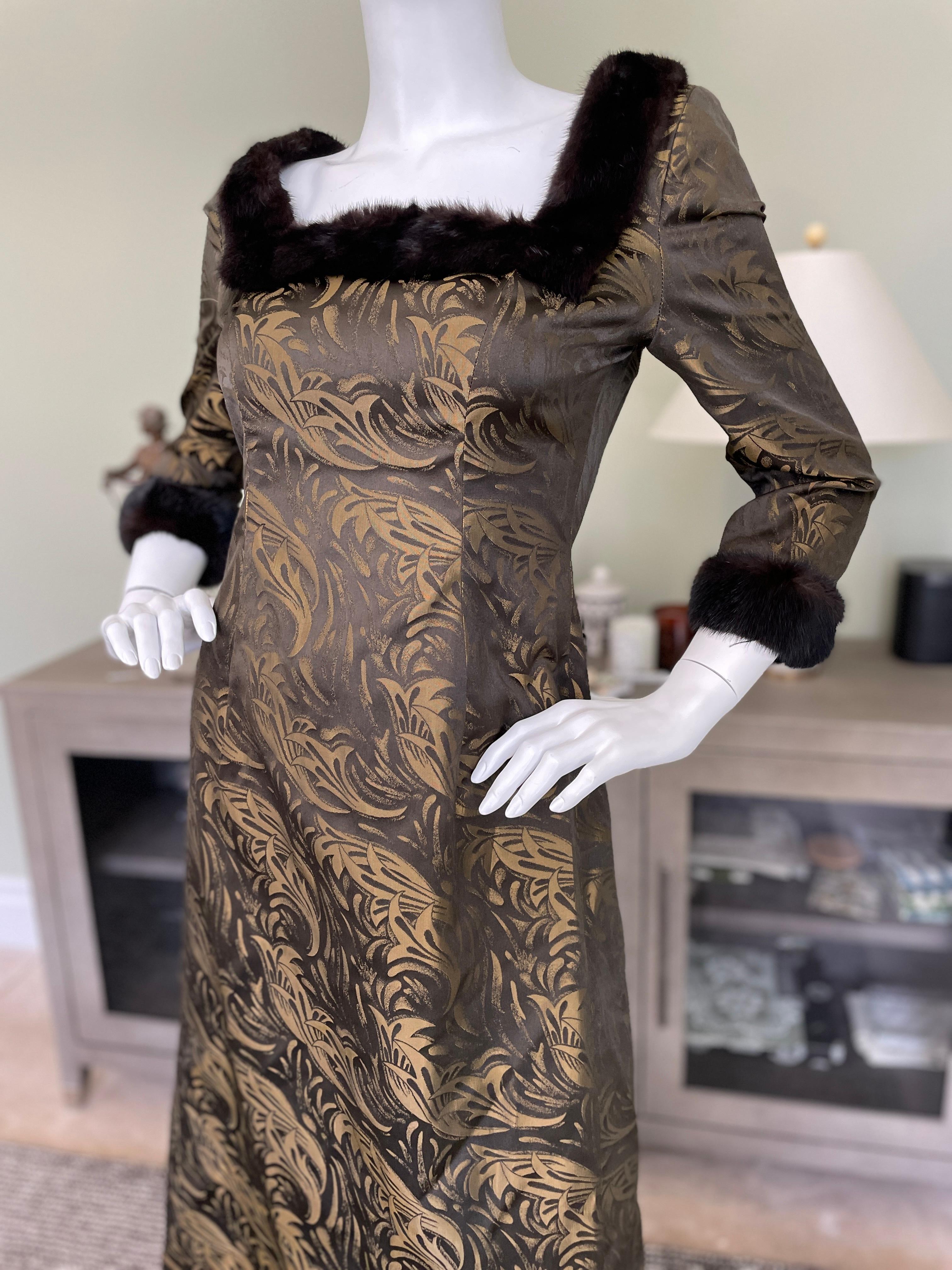Victor Costa for Neiman Marcus 1980's Metallic Evening Dress with Fur Trim In Excellent Condition For Sale In Cloverdale, CA