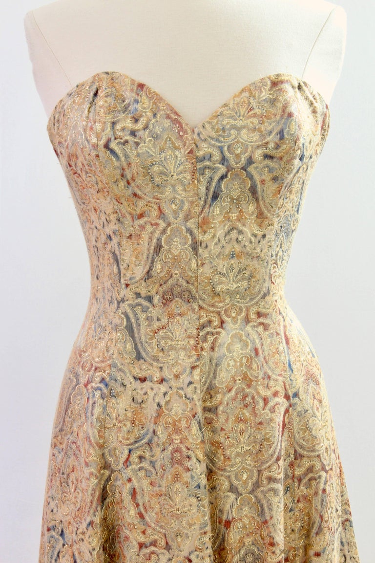 Victor Costa for Neiman Marcus Gold Brocade Evening Gown Strapless Full