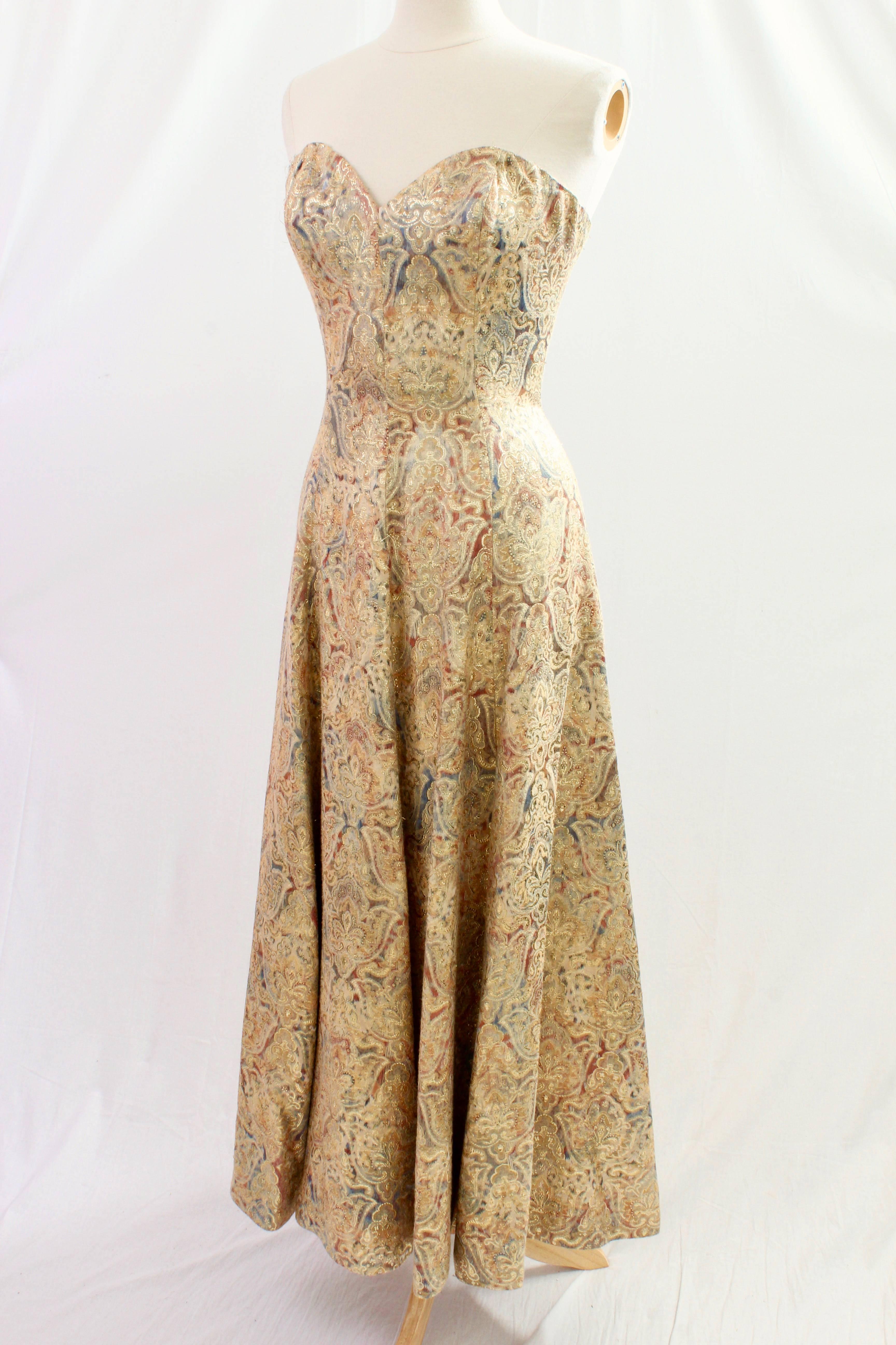 Brown Victor Costa for Neiman Marcus Gold Brocade Evening Gown Strapless Full Length 8