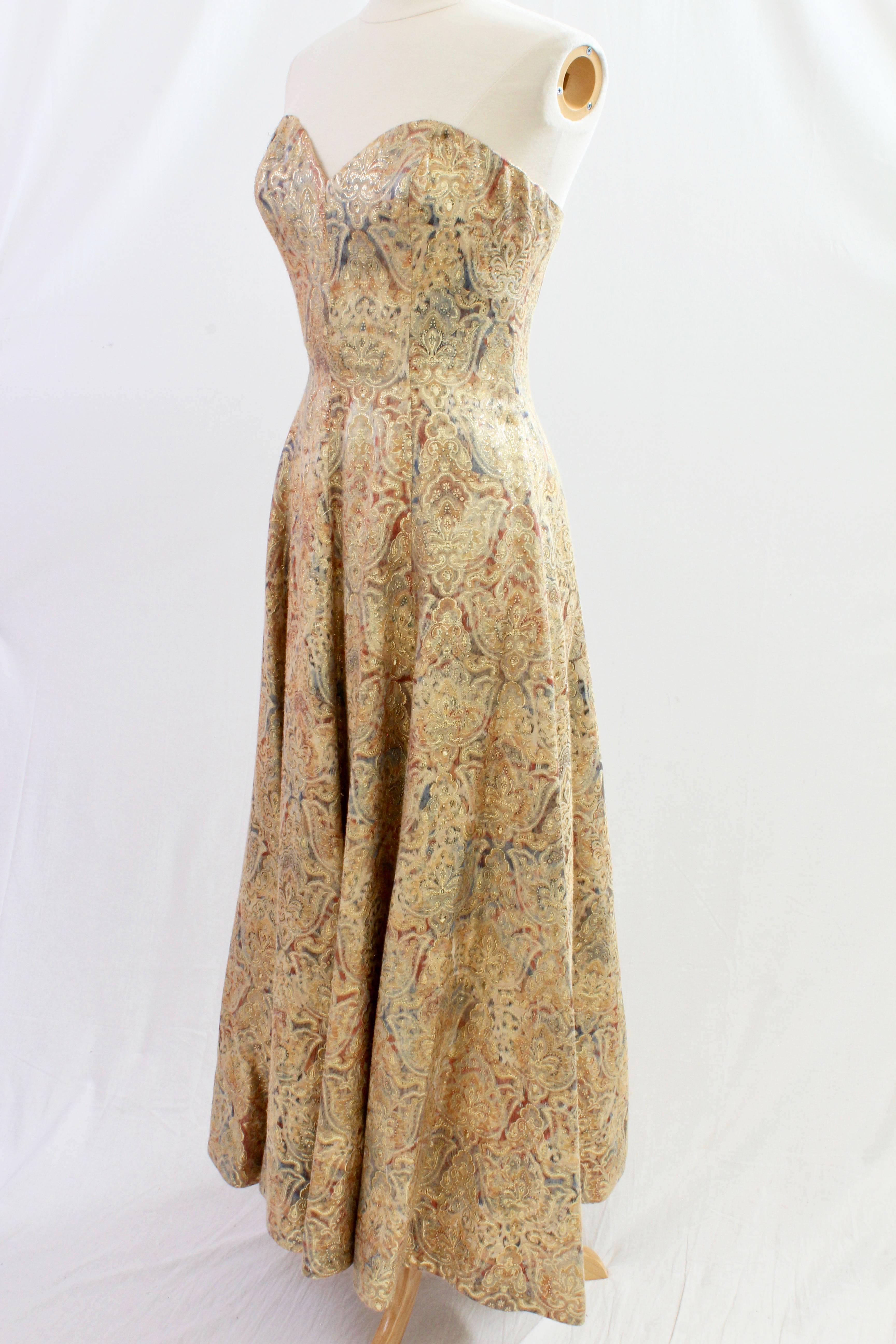 Women's Victor Costa for Neiman Marcus Gold Brocade Evening Gown Strapless Full Length 8