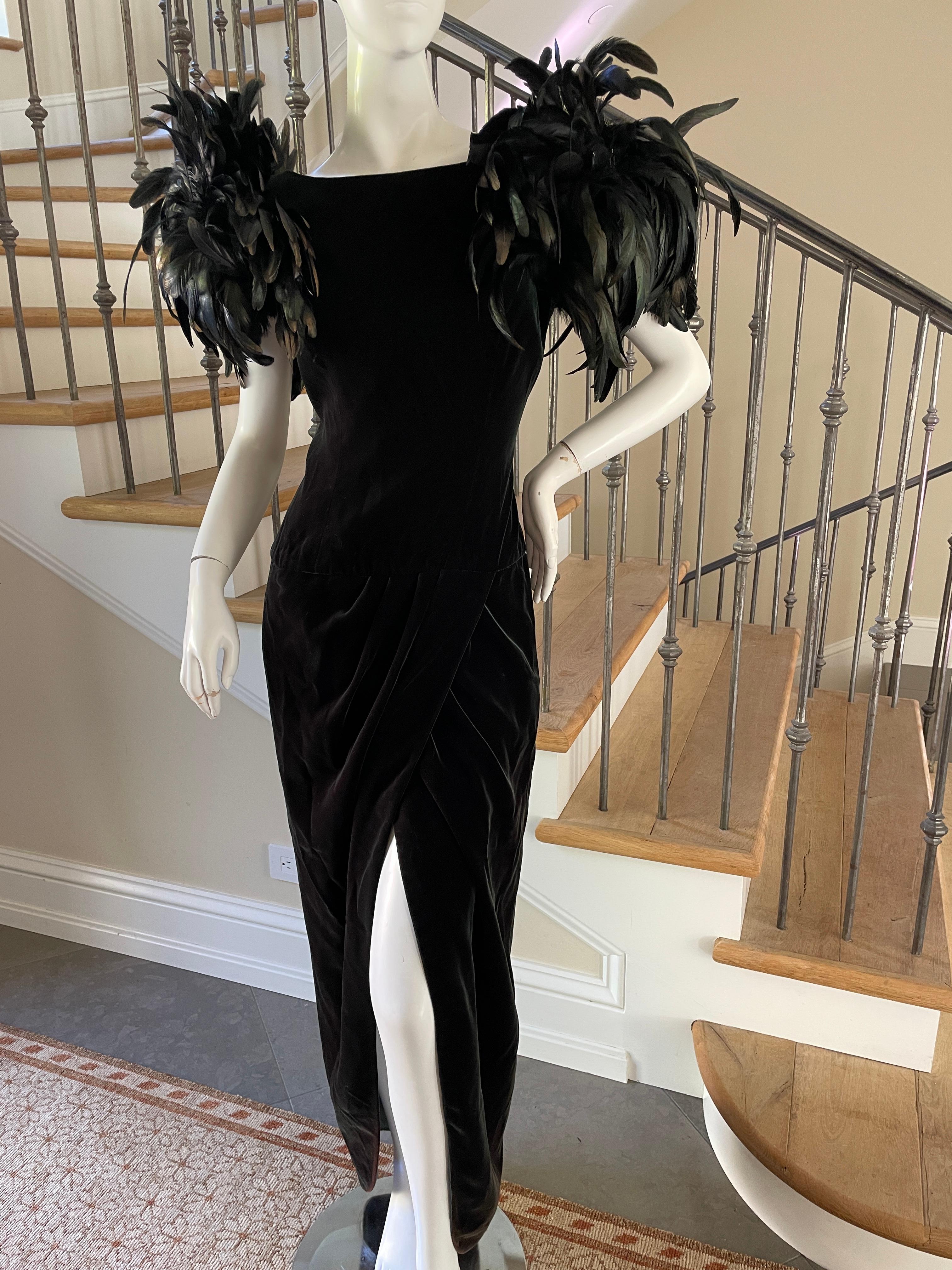 Women's Victor Costa I Magnin 1980's Green Velvet Evening Dress w Coq Feather Shoulders For Sale