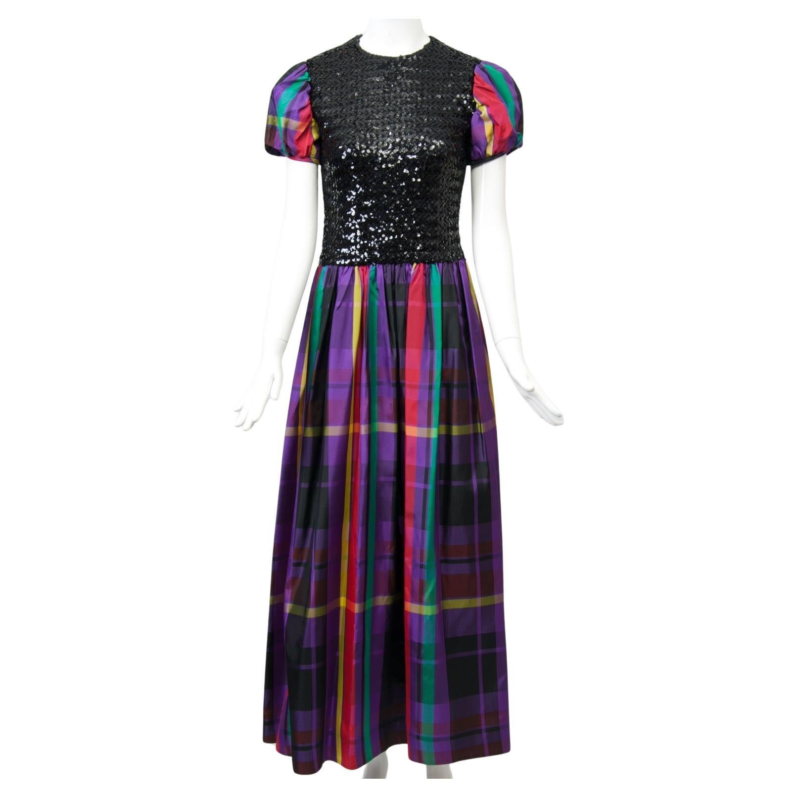 Victor Costa Sequin and Plaid Taffeta Gown For Sale