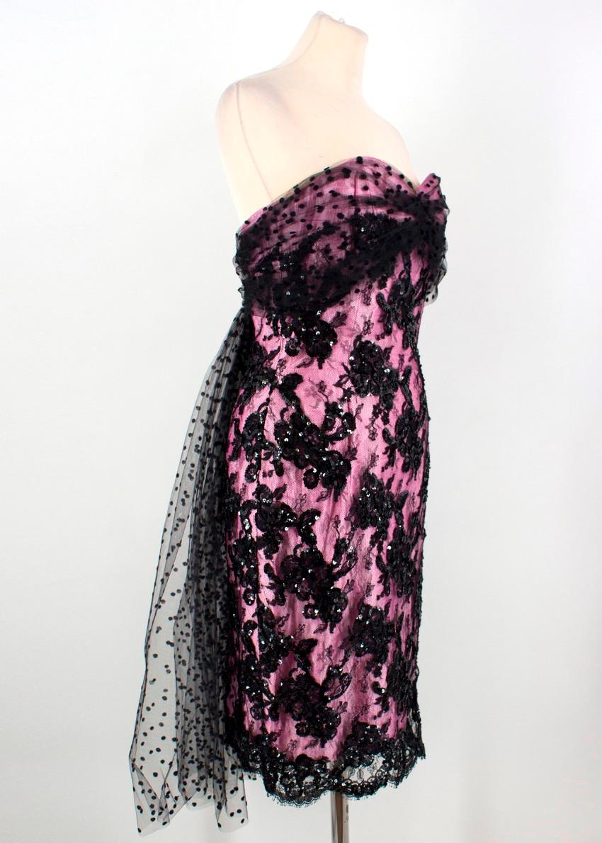 Black Victor Costa Silk Strapless Embellished Tulle Train Dress - Size US 8