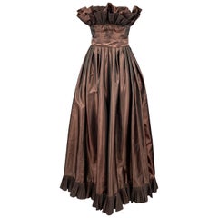 VICTOR COSTA Size 4 Brown Taffeta Strapless Ruffle Gown