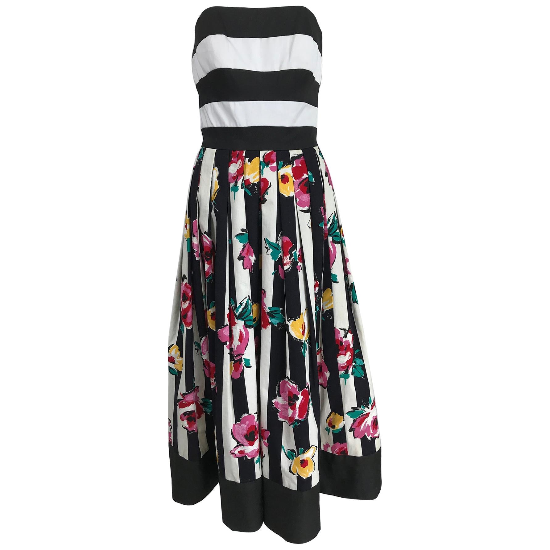 Victor Costa Strapless Black and White Stripe Floral Fit and Flare Dress For Sale