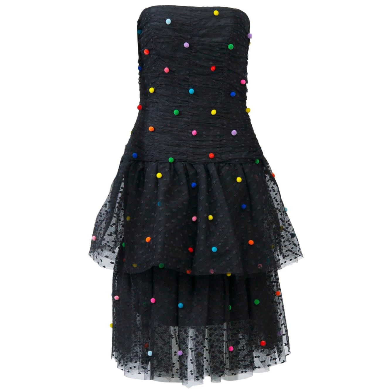 Victor Costa Tiered Net Dress w/Multi Pompoms For Sale