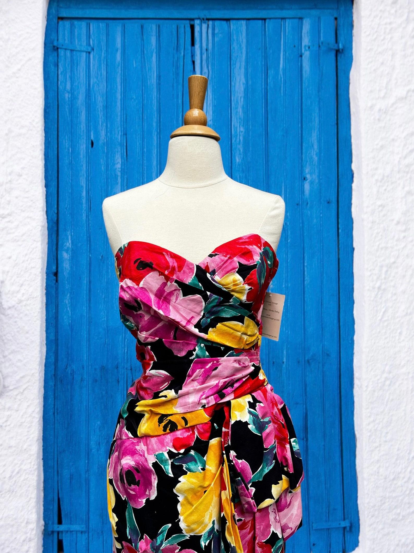 Beige Victor Costa Tropical Mini Dress, Circa 1980s For Sale